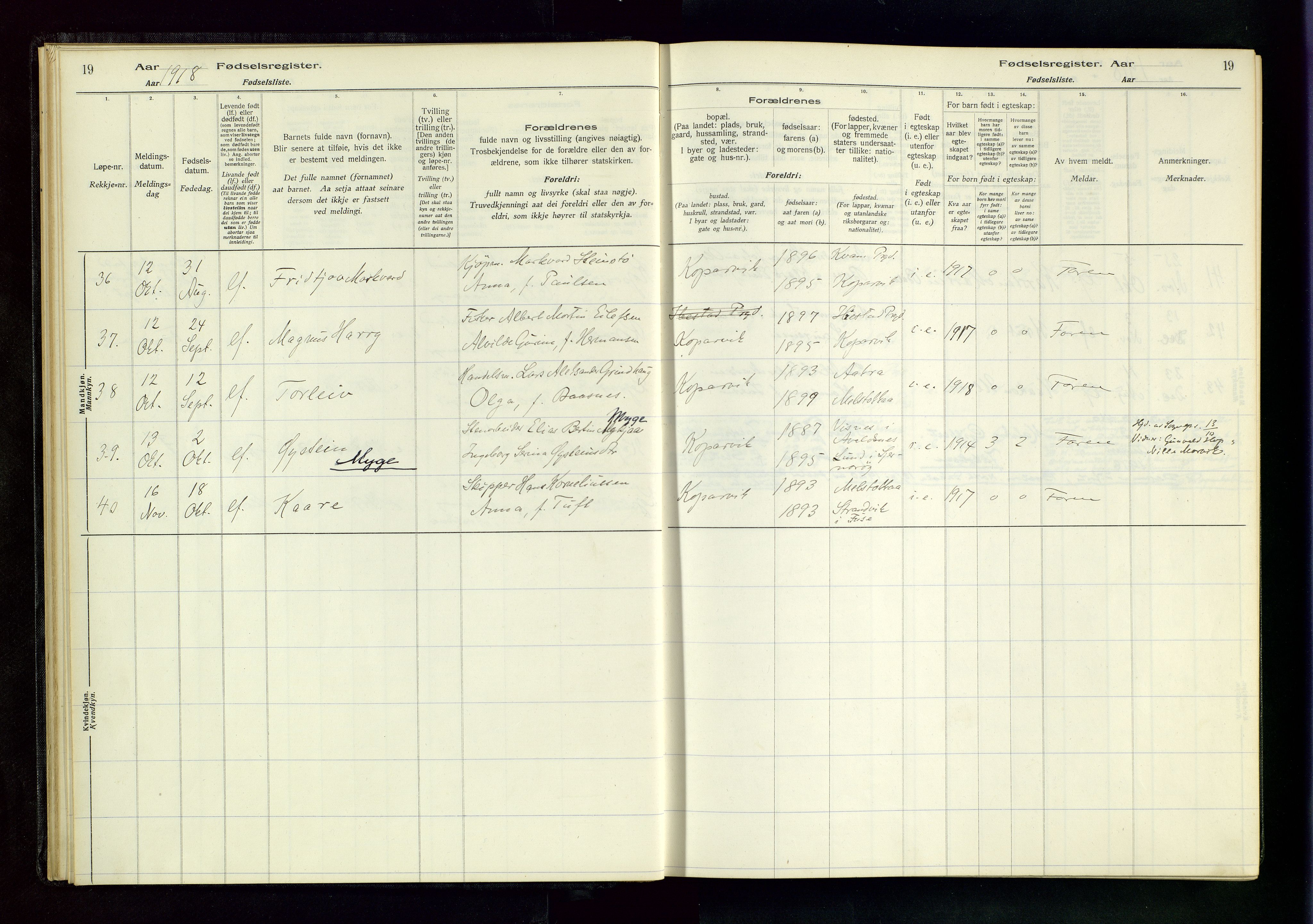 Kopervik sokneprestkontor, AV/SAST-A-101850/I/Id/L0001: Birth register no. 1, 1916-1952, p. 19