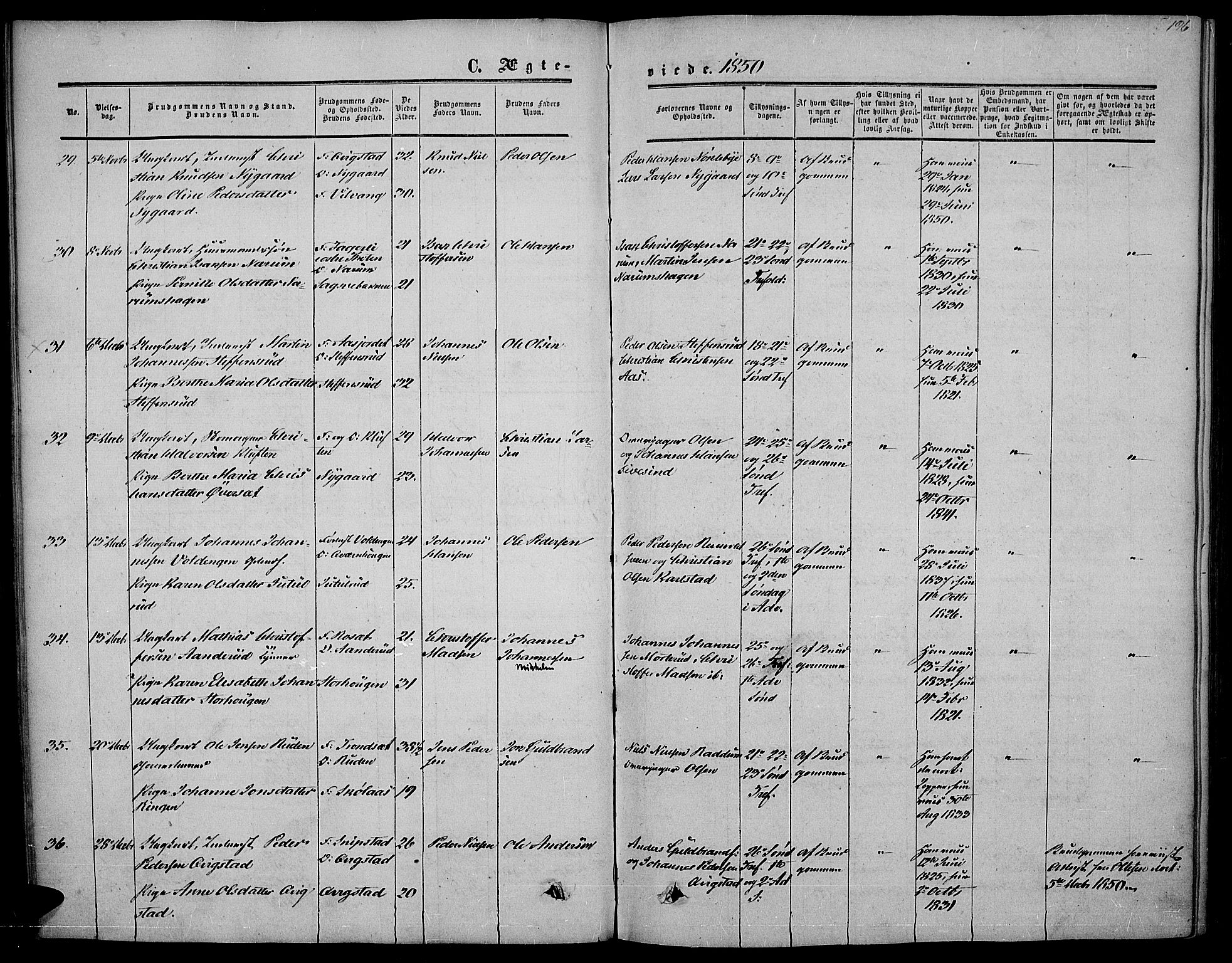 Vestre Toten prestekontor, SAH/PREST-108/H/Ha/Haa/L0005: Parish register (official) no. 5, 1850-1855, p. 196
