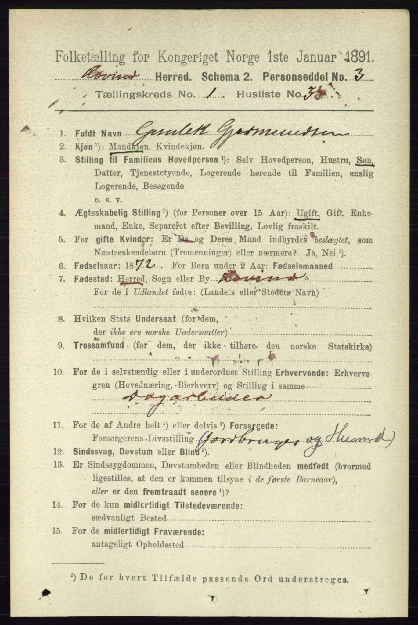 RA, 1891 census for 0825 Hovin, 1891, p. 292