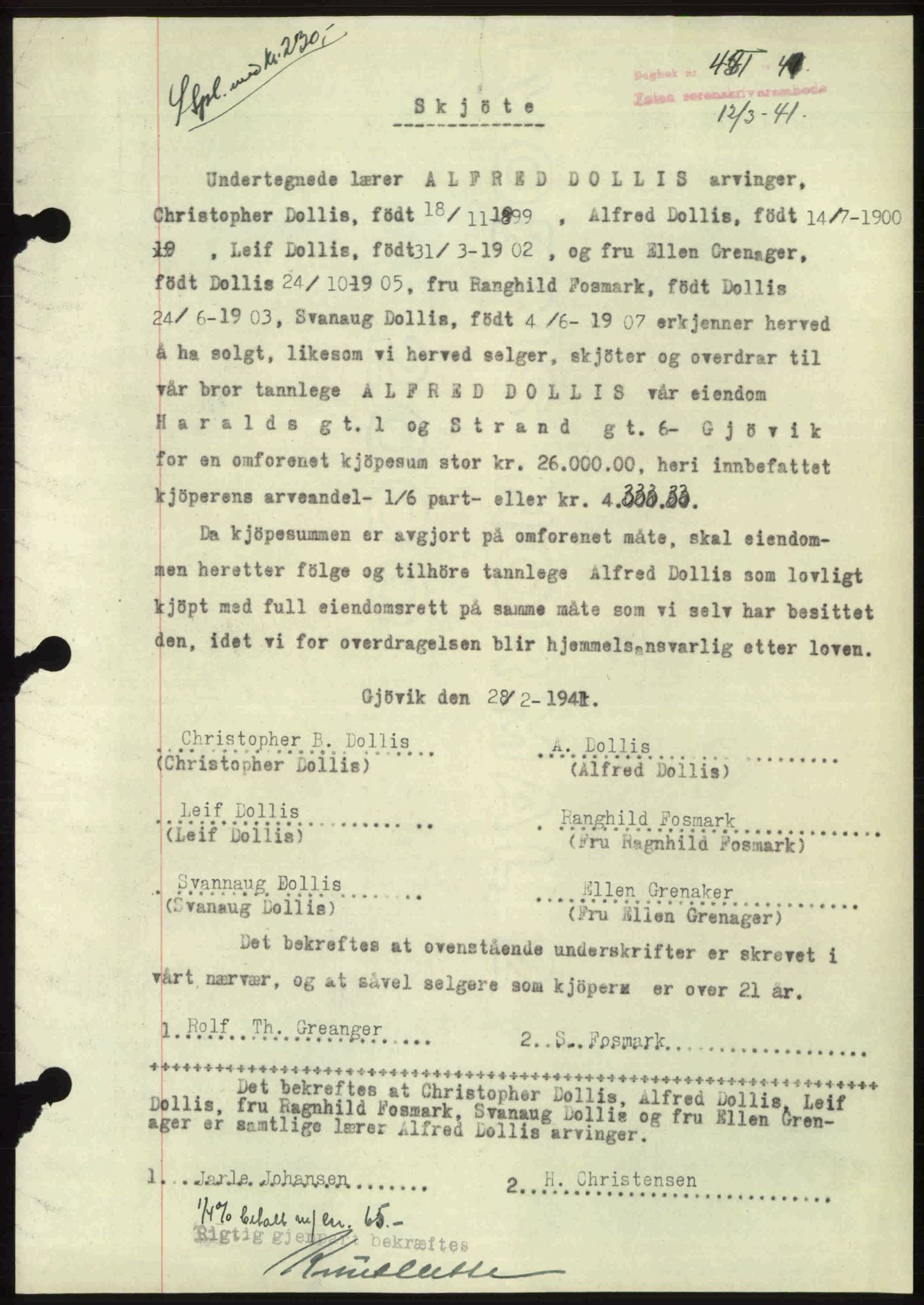 Toten tingrett, AV/SAH-TING-006/H/Hb/Hbc/L0008: Mortgage book no. Hbc-08, 1941-1941, Diary no: : 450/1941