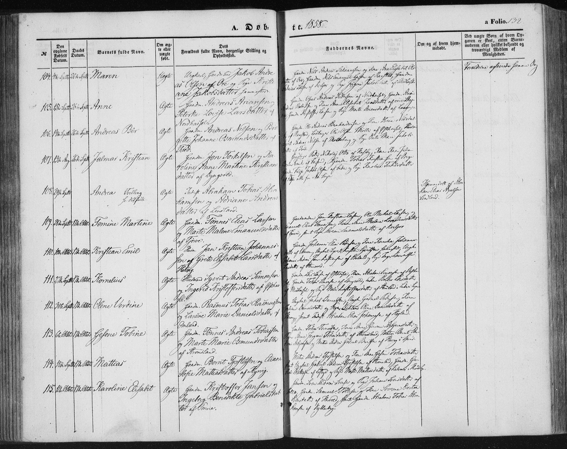 Lista sokneprestkontor, AV/SAK-1111-0027/F/Fa/L0010: Parish register (official) no. A 10, 1846-1861, p. 132