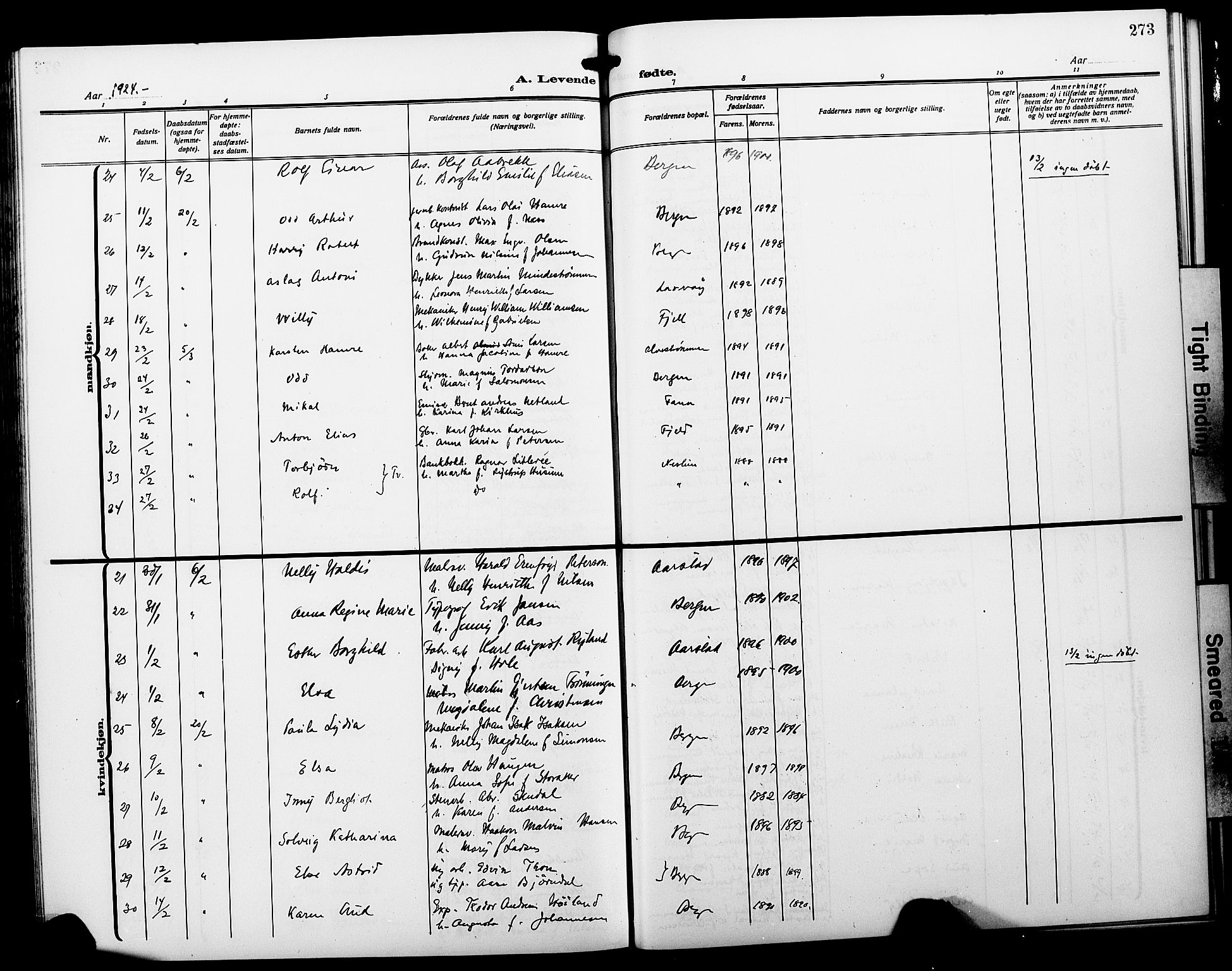 Fødselsstiftelsens sokneprestembete*, SAB/-: Parish register (copy) no. A 3, 1916-1925, p. 273