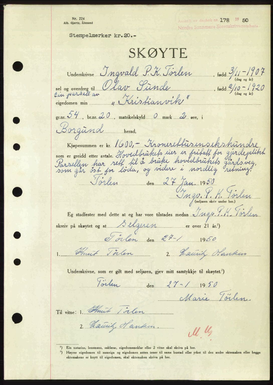 Nordre Sunnmøre sorenskriveri, AV/SAT-A-0006/1/2/2C/2Ca: Mortgage book no. A33, 1949-1950, Diary no: : 178/1950