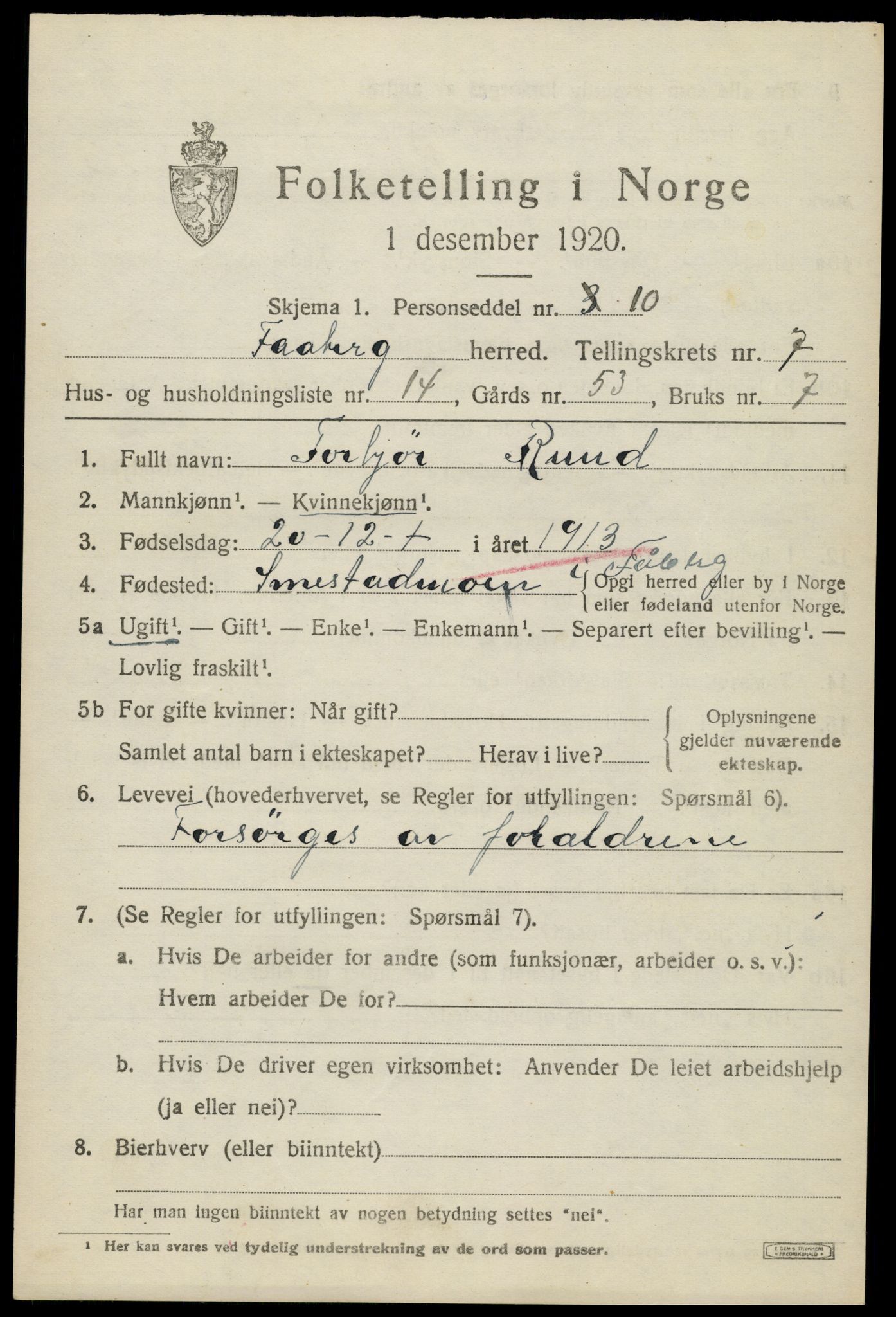 SAH, 1920 census for Fåberg, 1920, p. 7994