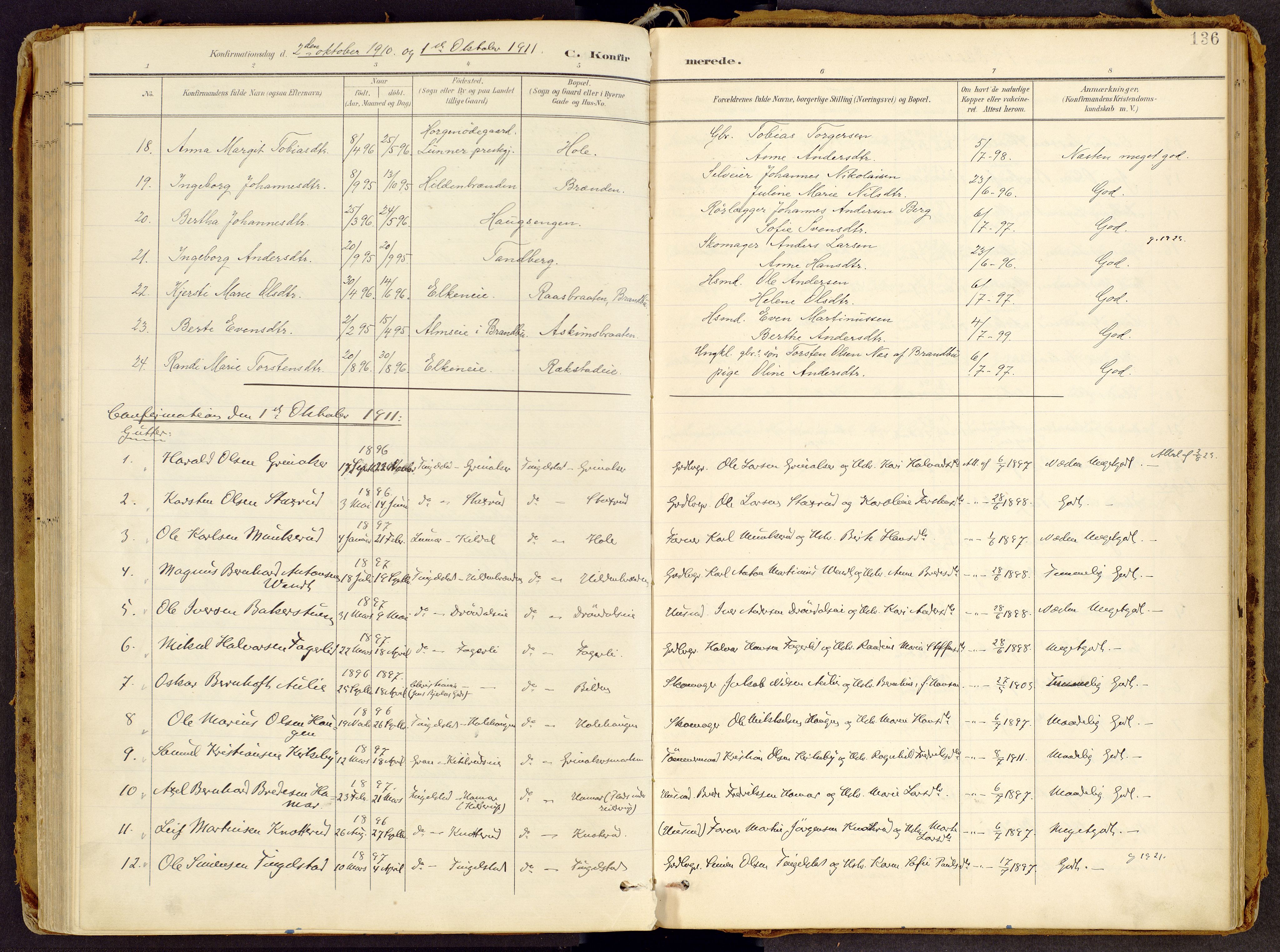 Brandbu prestekontor, SAH/PREST-114/H/Ha/Haa/L0002: Parish register (official) no. 2, 1899-1914, p. 136