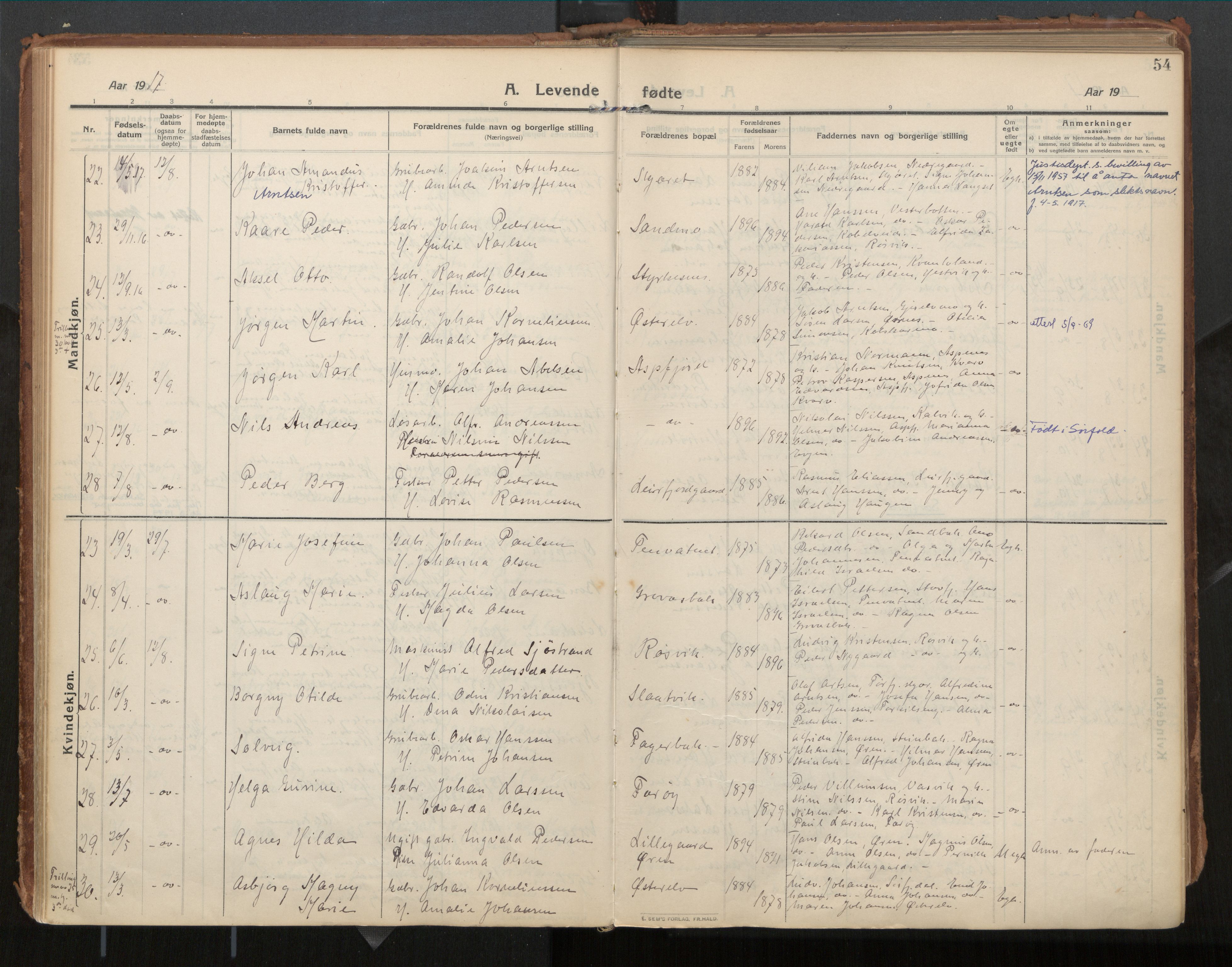 Ministerialprotokoller, klokkerbøker og fødselsregistre - Nordland, SAT/A-1459/854/L0784: Parish register (official) no. 854A07, 1910-1922, p. 54