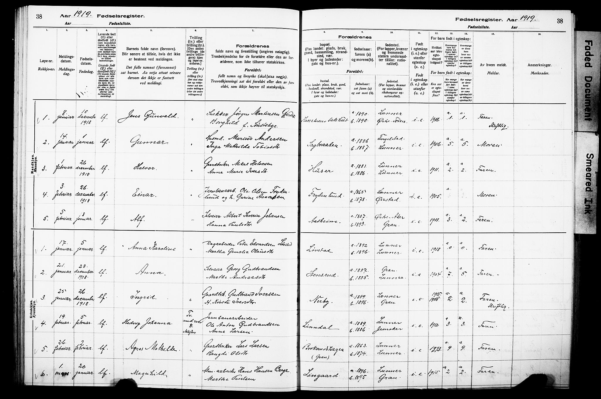 Lunner prestekontor, SAH/PREST-118/I/Id/L0001: Birth register no. 1, 1916-1932, p. 38