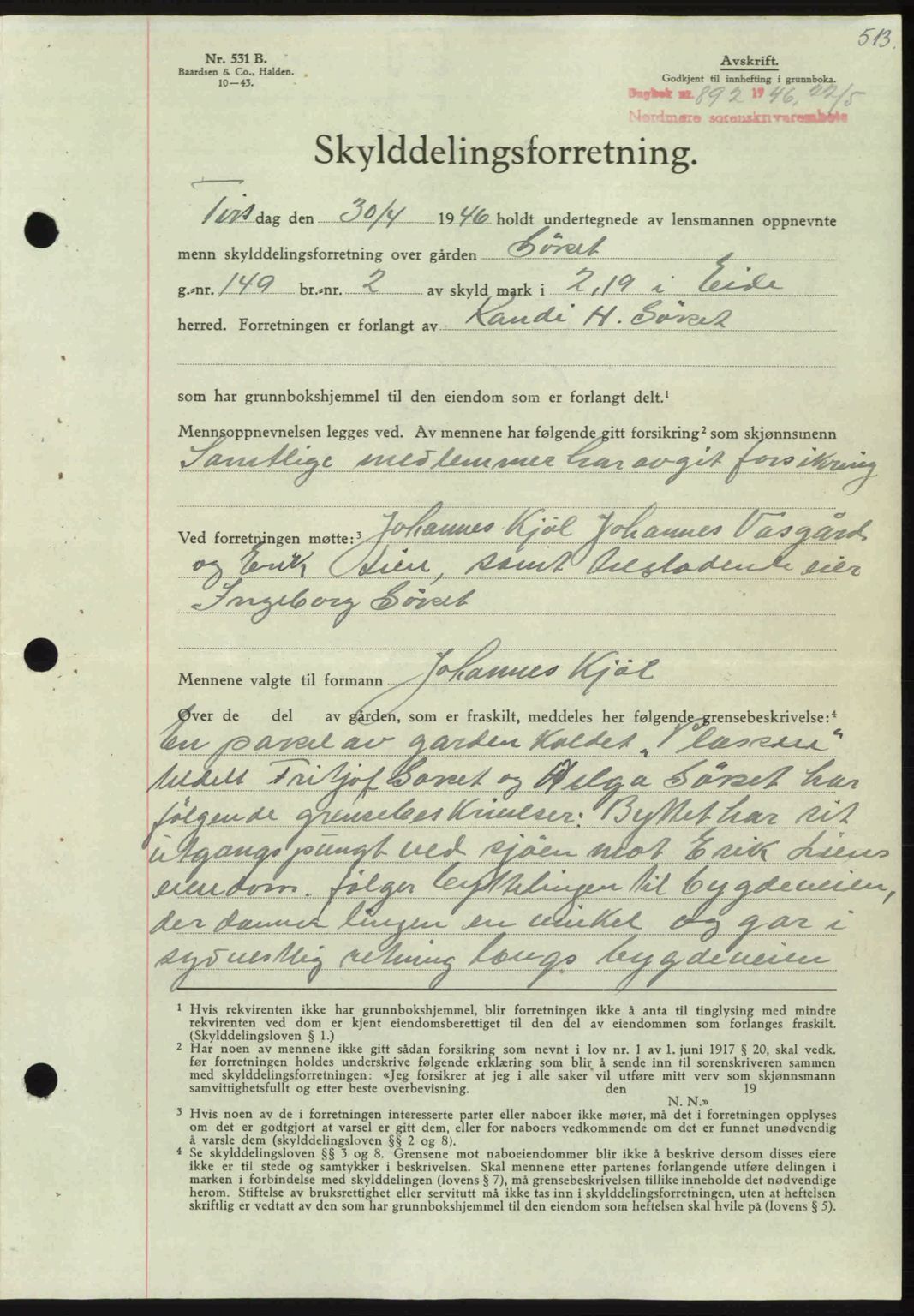 Nordmøre sorenskriveri, AV/SAT-A-4132/1/2/2Ca: Mortgage book no. A101, 1946-1946, Diary no: : 892/1946