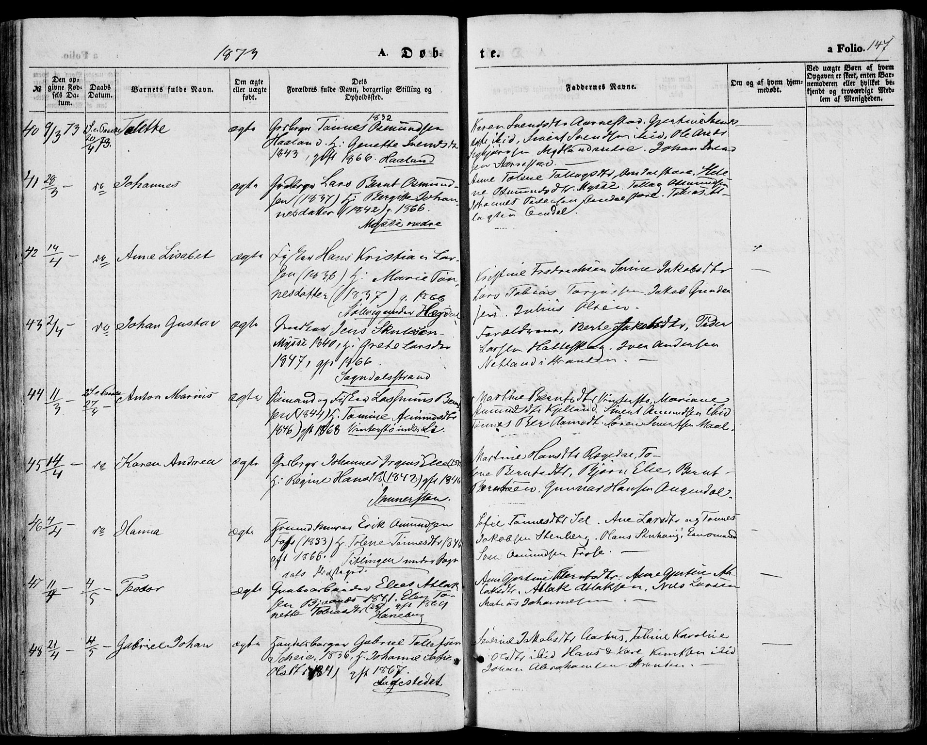 Sokndal sokneprestkontor, AV/SAST-A-101808: Parish register (official) no. A 9, 1857-1874, p. 147