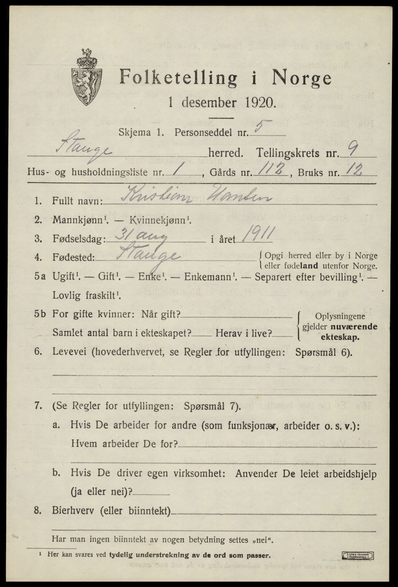 SAH, 1920 census for Stange, 1920, p. 14589