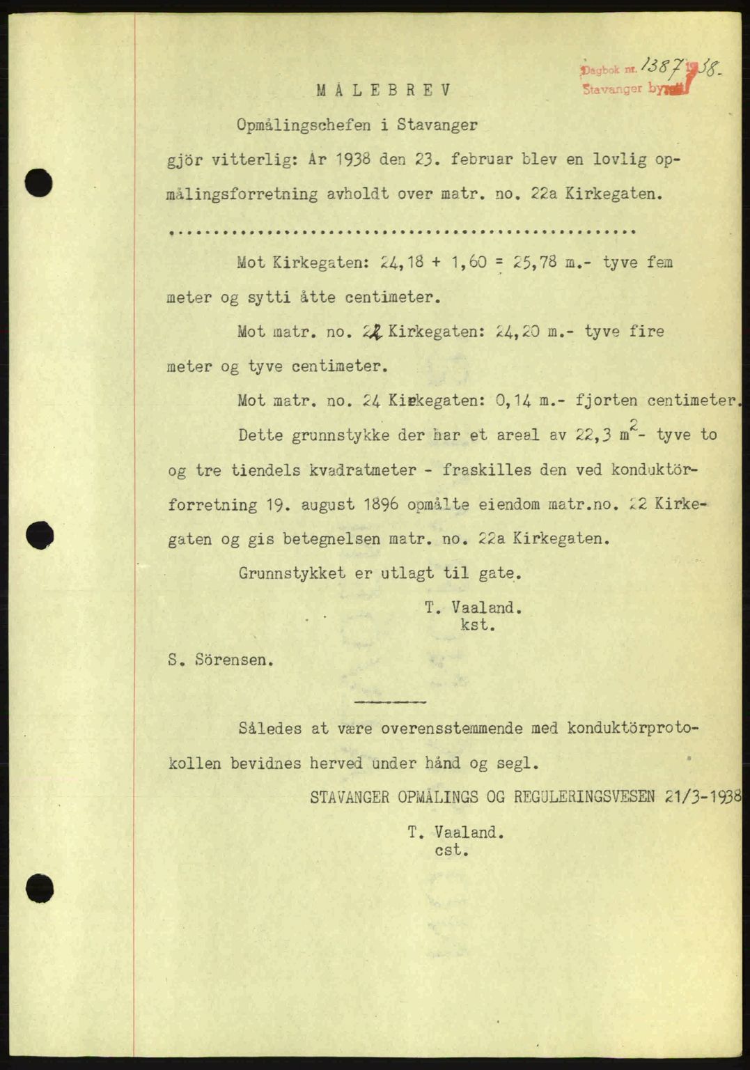 Stavanger byrett, SAST/A-100455/002/G/Gb/L0013: Mortgage book no. A3, 1937-1938, Diary no: : 1387/1938