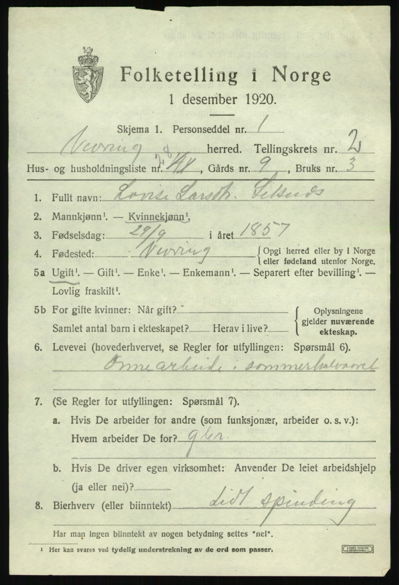 SAB, 1920 census for Vevring, 1920, p. 996