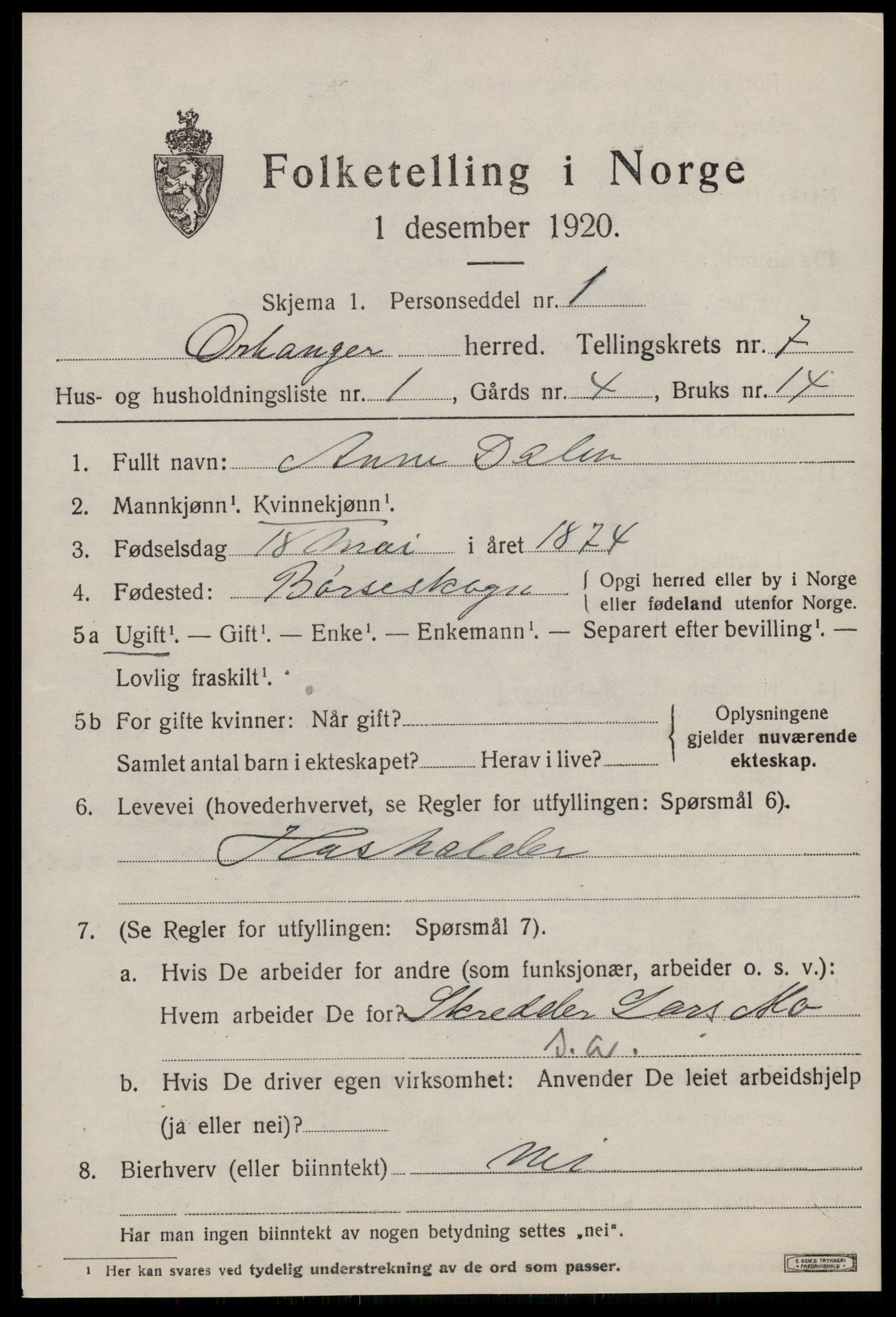 SAT, 1920 census for Orkanger, 1920, p. 3481