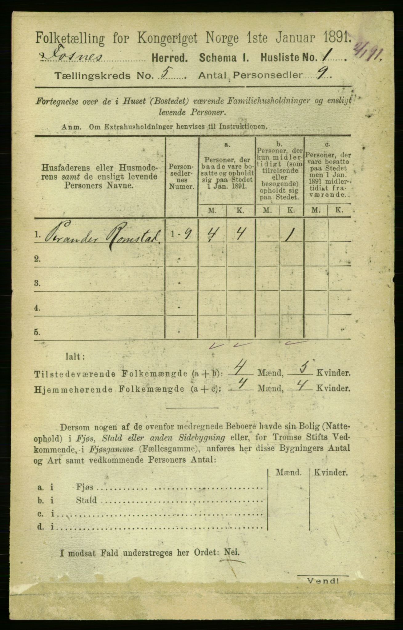 RA, 1891 census for 1748 Fosnes, 1891, p. 1893