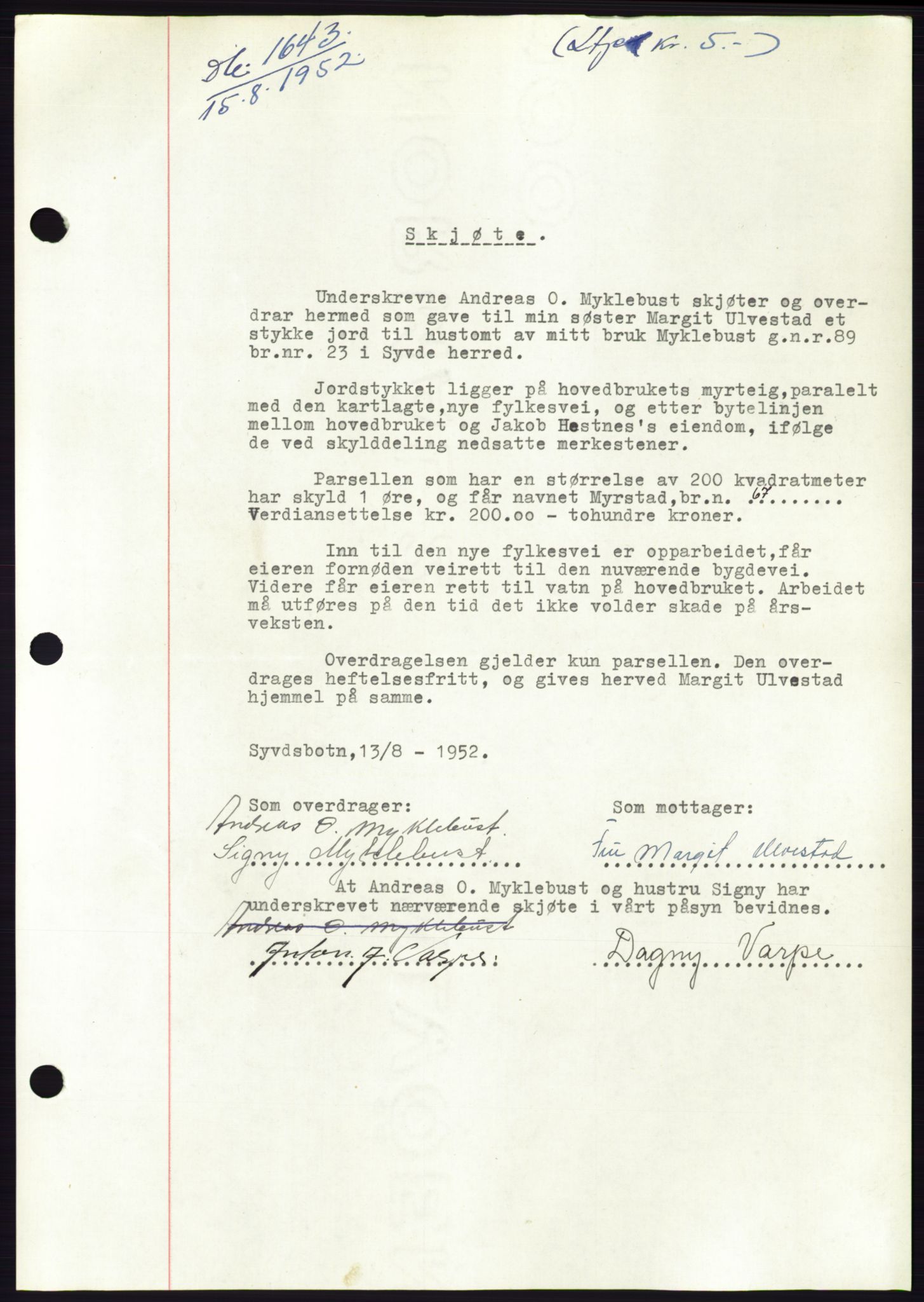 Søre Sunnmøre sorenskriveri, AV/SAT-A-4122/1/2/2C/L0092: Mortgage book no. 18A, 1952-1952, Diary no: : 1643/1952