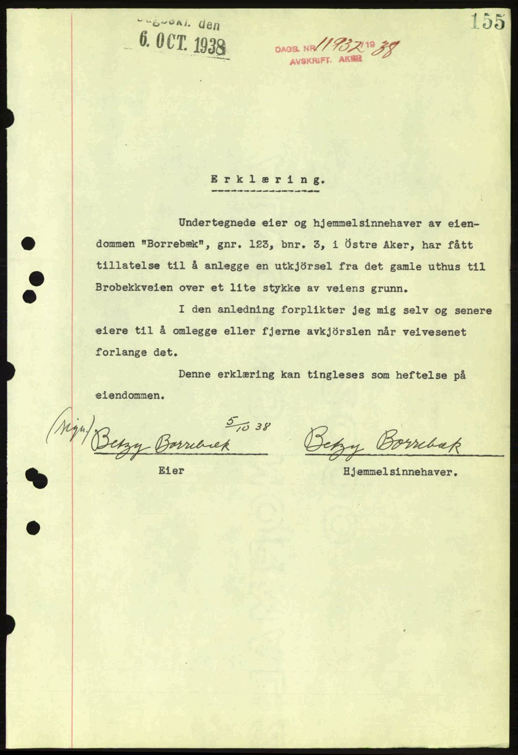 Aker herredsskriveri, SAO/A-10896/G/Gb/Gba/Gbab/L0025: Mortgage book no. A154-155, 1938-1938, Diary no: : 11932/1938