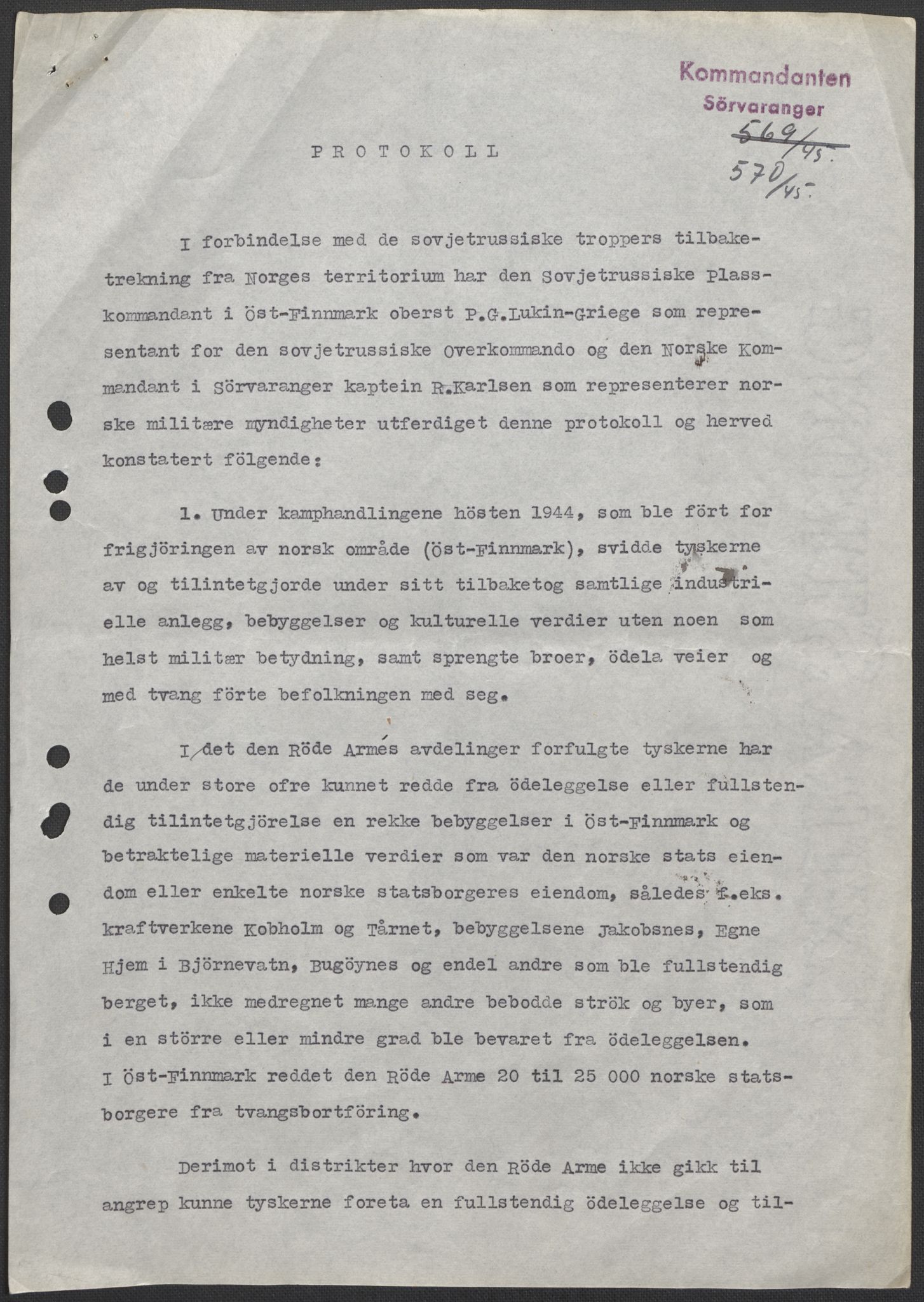 Forsvaret, Forsvarets krigshistoriske avdeling, RA/RAFA-2017/E/Ec/L0137/0005: Kapitulasjon i 1945.  Opptakt og avslutning. / Utkast til avtale mellom Regjeringen og Sovjet 1944.  Protokoll Kirkenes  24.09.1945., 1944-1945, p. 9