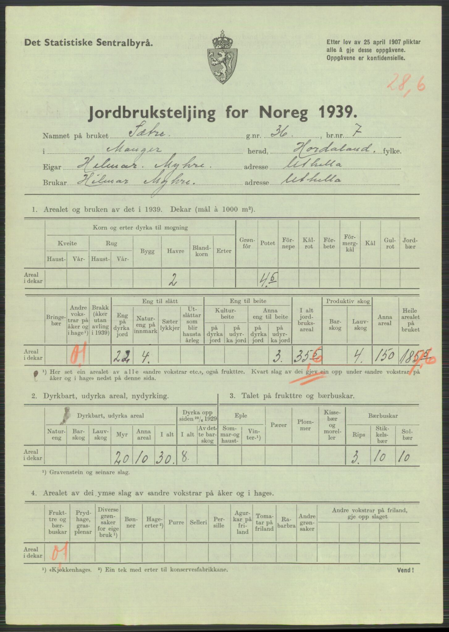 Statistisk sentralbyrå, Næringsøkonomiske emner, Jordbruk, skogbruk, jakt, fiske og fangst, AV/RA-S-2234/G/Gb/L0211: Hordaland: Herdla, Hjelme og Manger, 1939, p. 1645