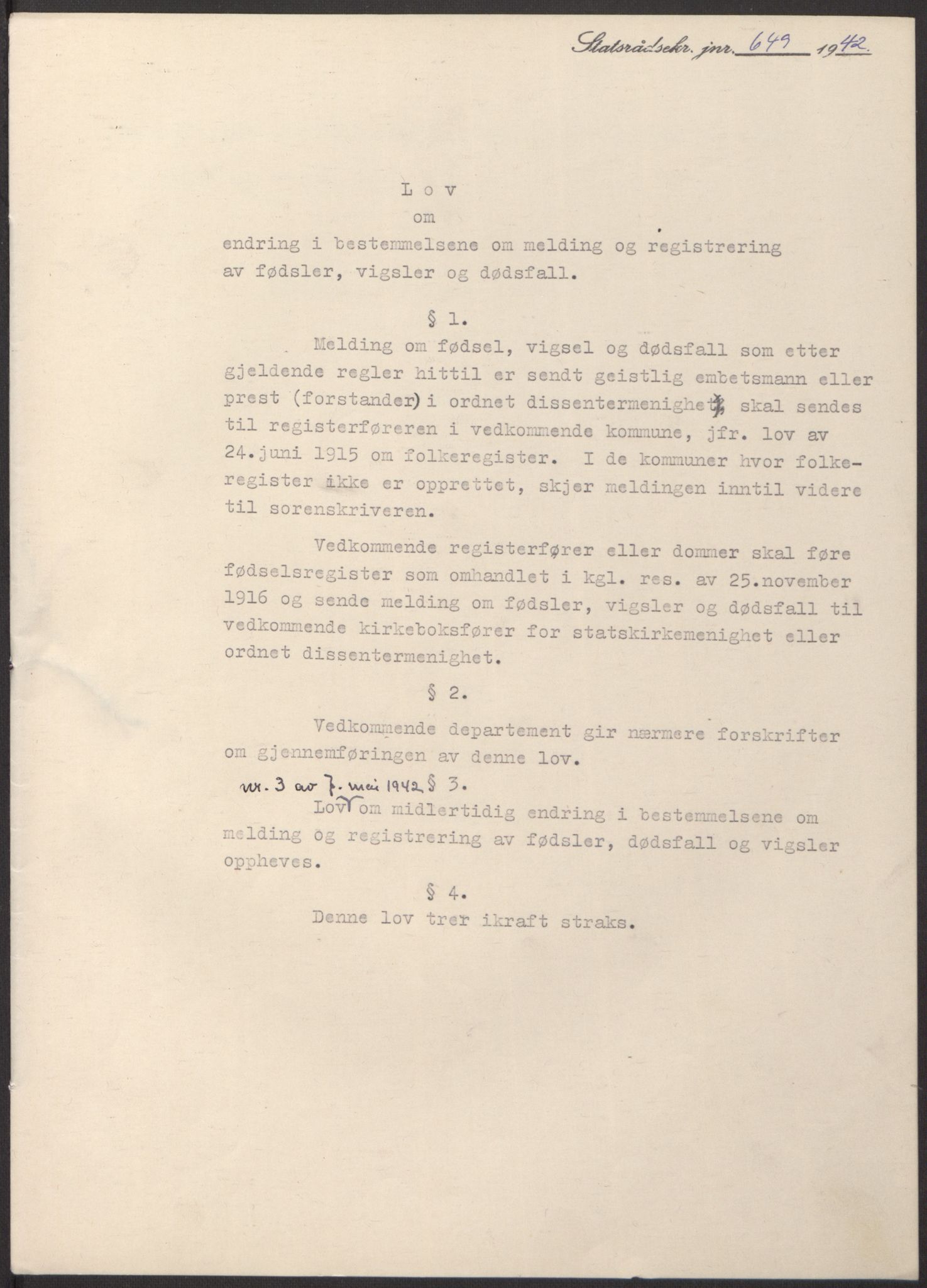 NS-administrasjonen 1940-1945 (Statsrådsekretariatet, de kommisariske statsråder mm), RA/S-4279/D/Db/L0098: Lover II, 1942, p. 254
