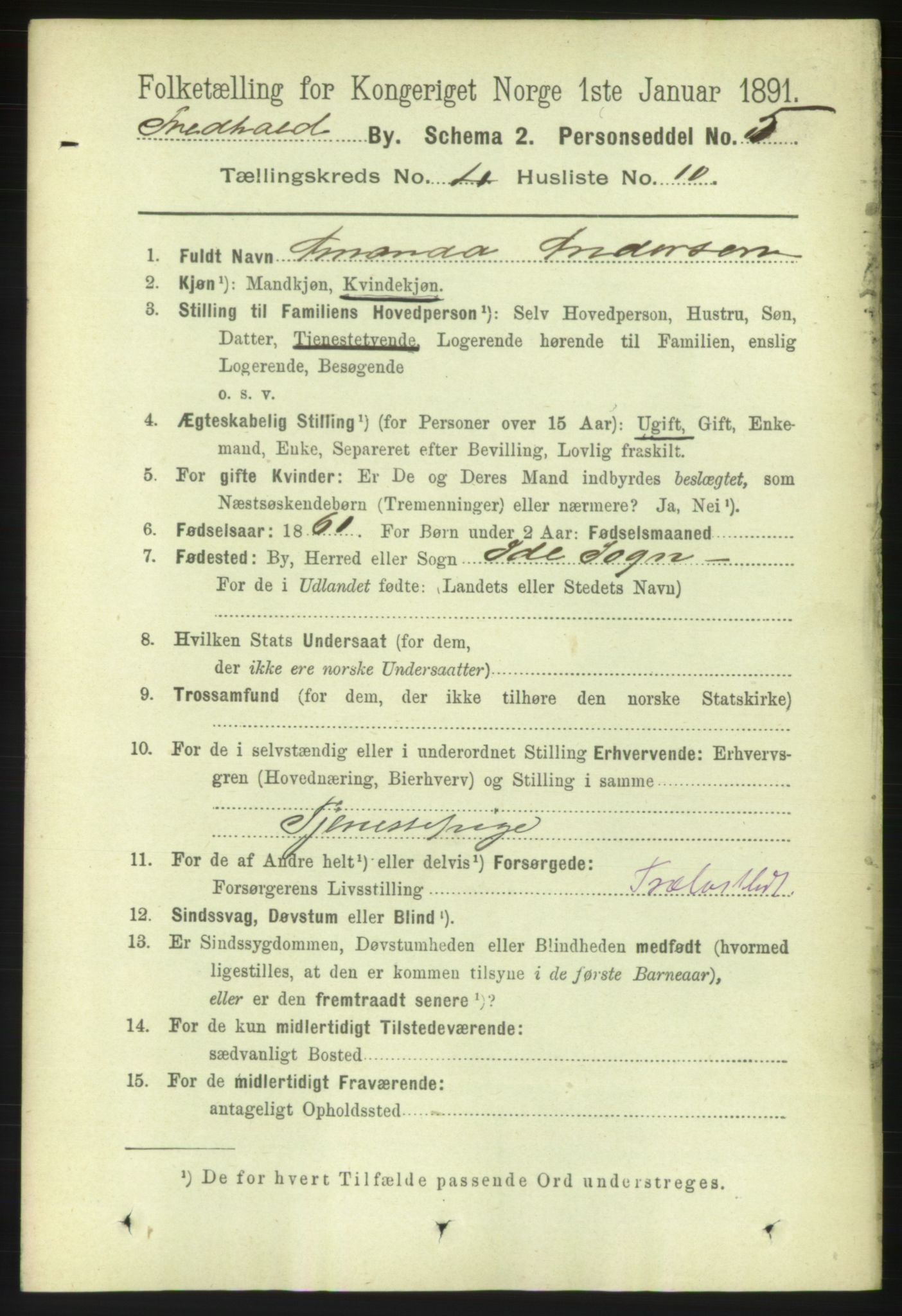 RA, 1891 census for 0101 Fredrikshald, 1891, p. 3825
