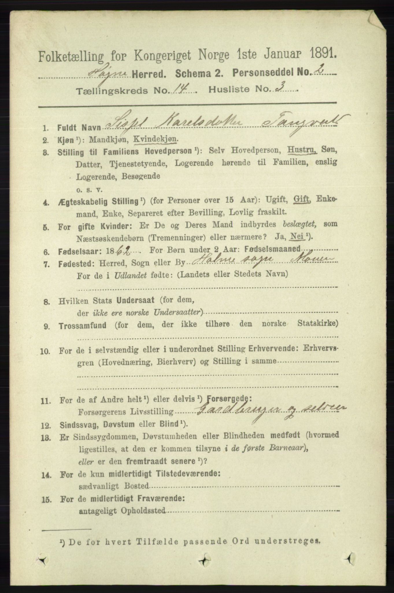 RA, 1891 census for 1018 Søgne, 1891, p. 3414
