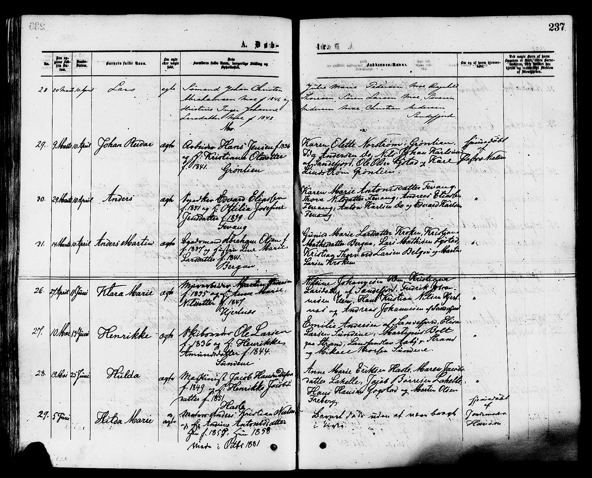 Sandar kirkebøker, SAKO/A-243/F/Fa/L0010: Parish register (official) no. 10, 1872-1882, p. 237
