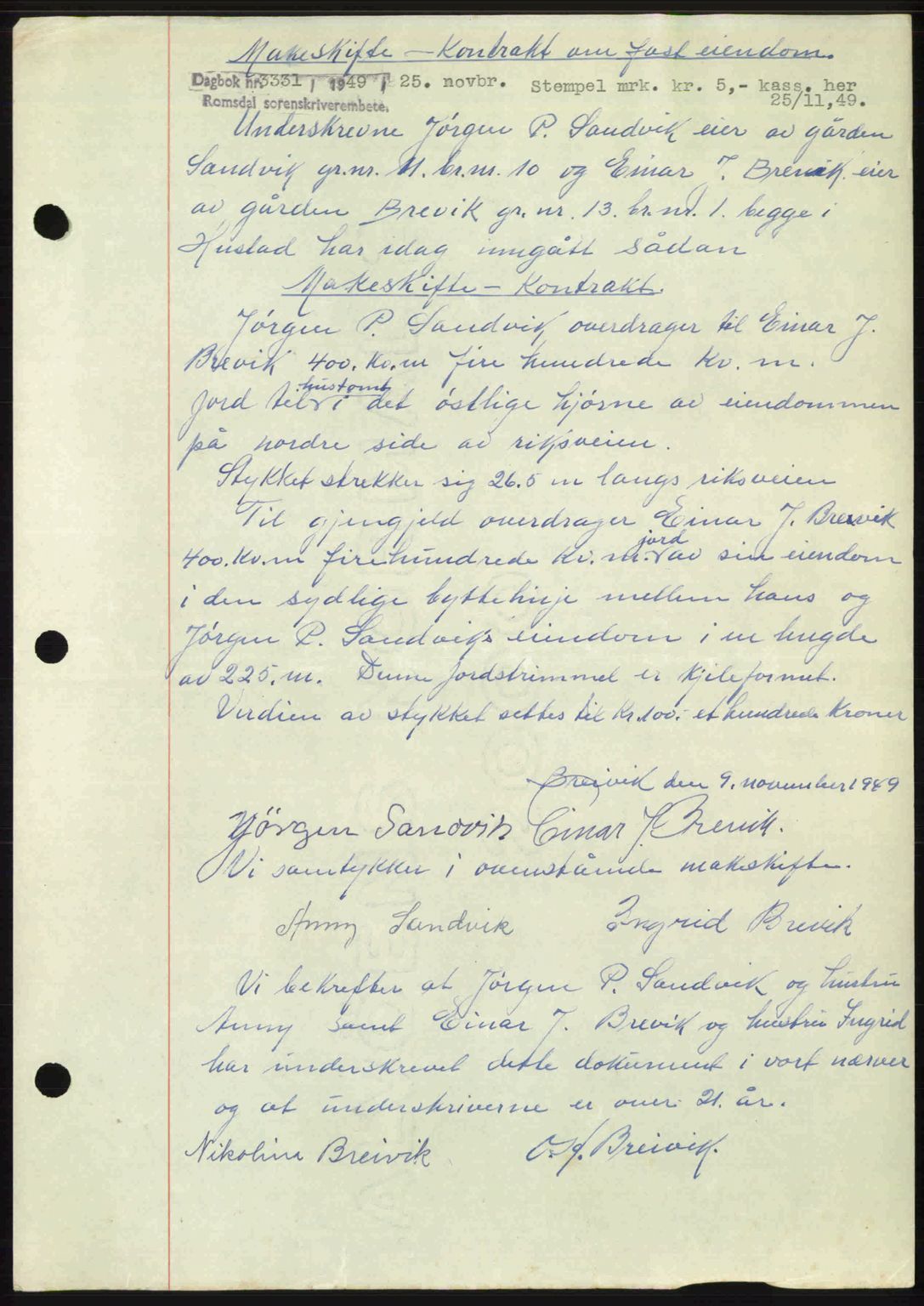 Romsdal sorenskriveri, AV/SAT-A-4149/1/2/2C: Mortgage book no. A31, 1949-1949, Diary no: : 3331/1949