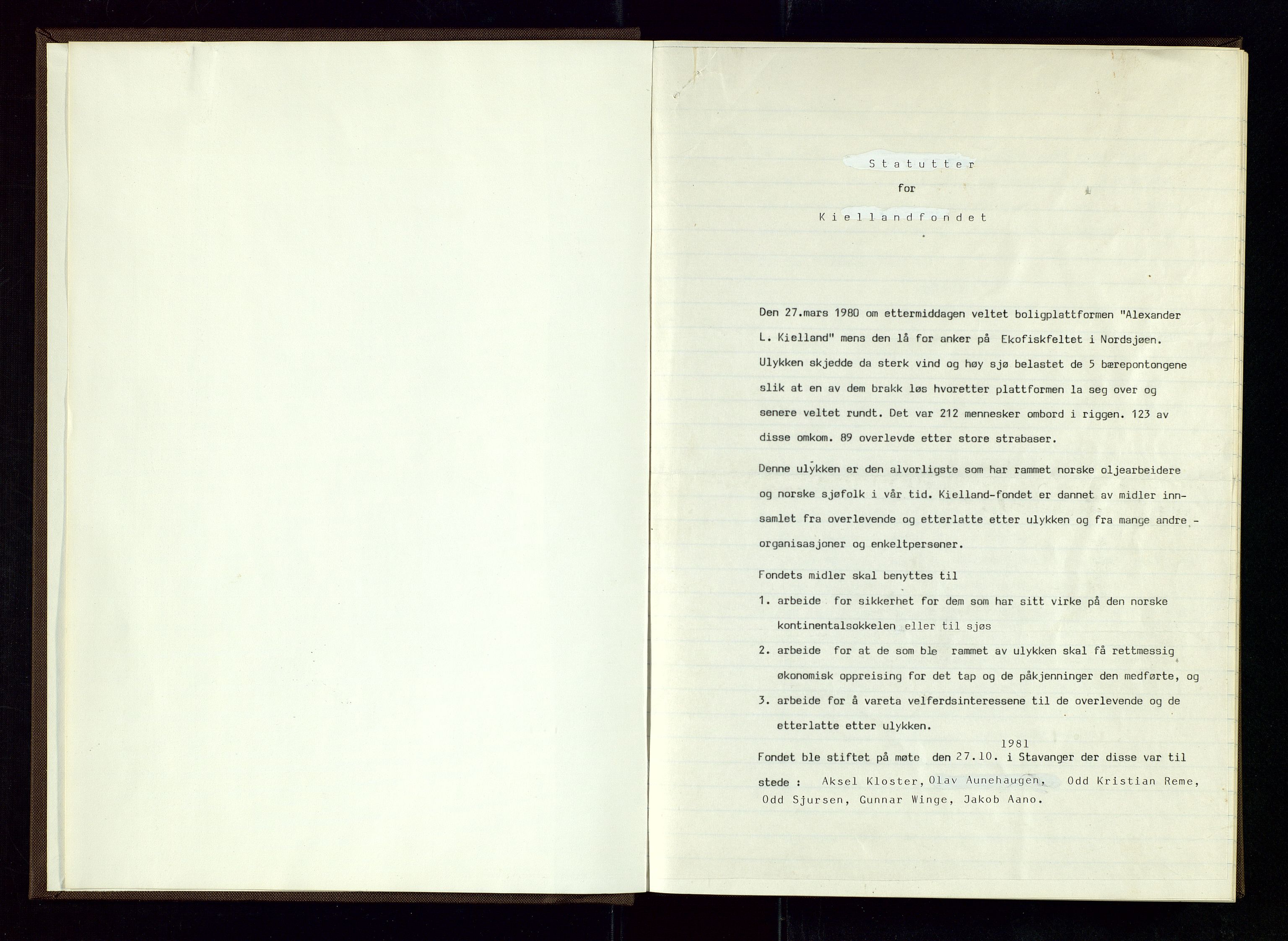 Pa 1660 - Kielland- fondet, AV/SAST-A-102242/A/Aa/L0001: Styreprotokoll Kielland- fondet, 1981-1995