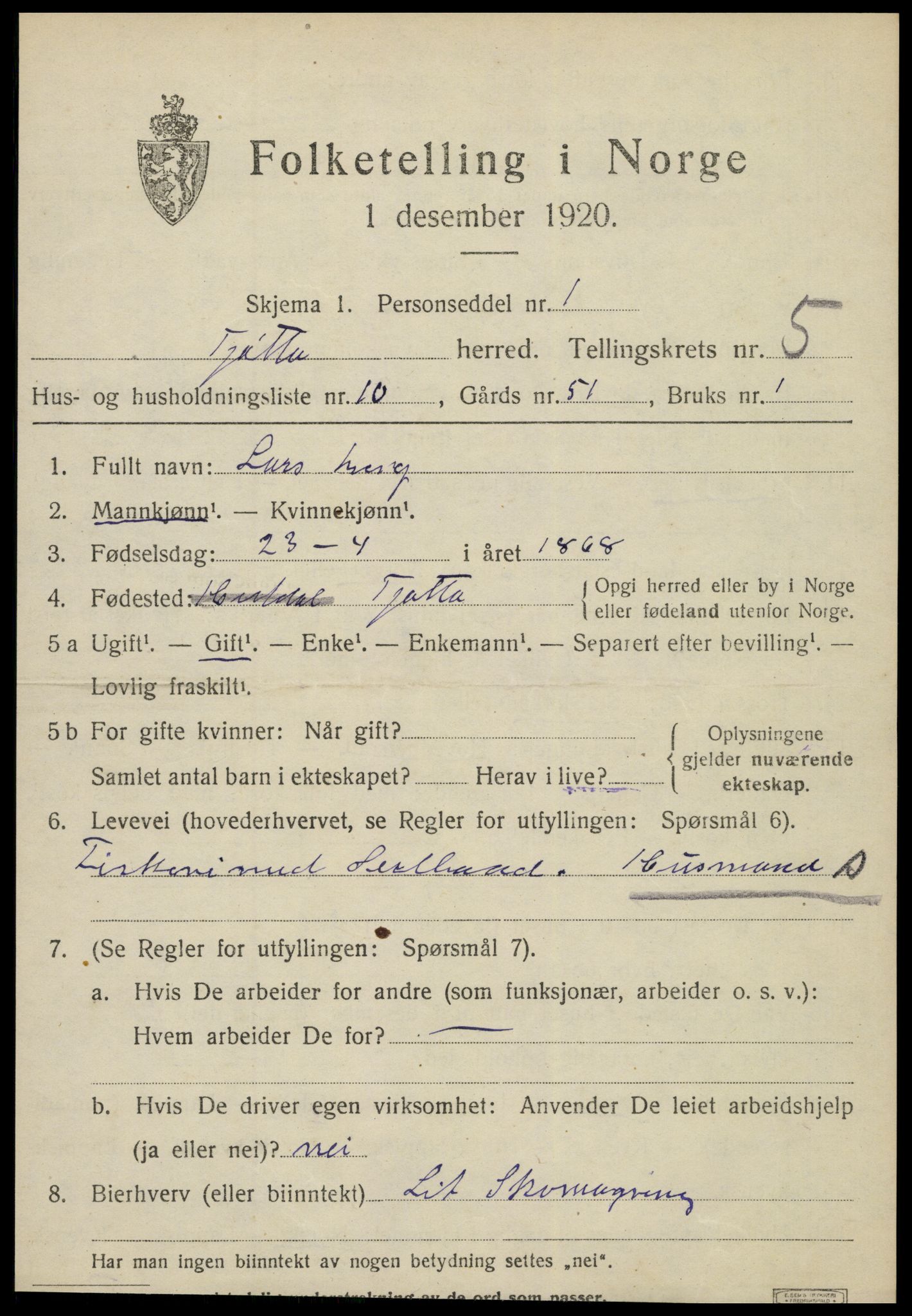 SAT, 1920 census for Tjøtta, 1920, p. 2105