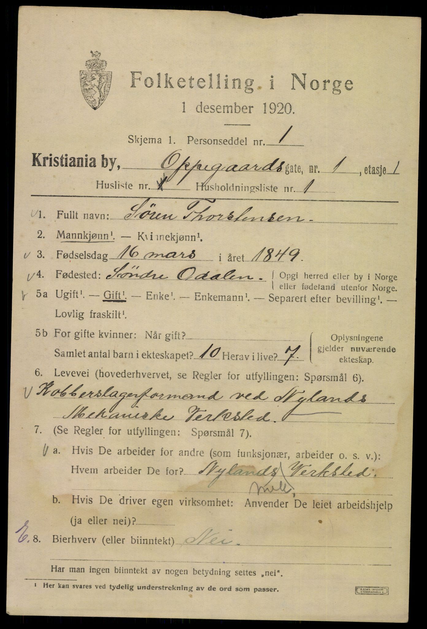 SAO, 1920 census for Kristiania, 1920, p. 434845