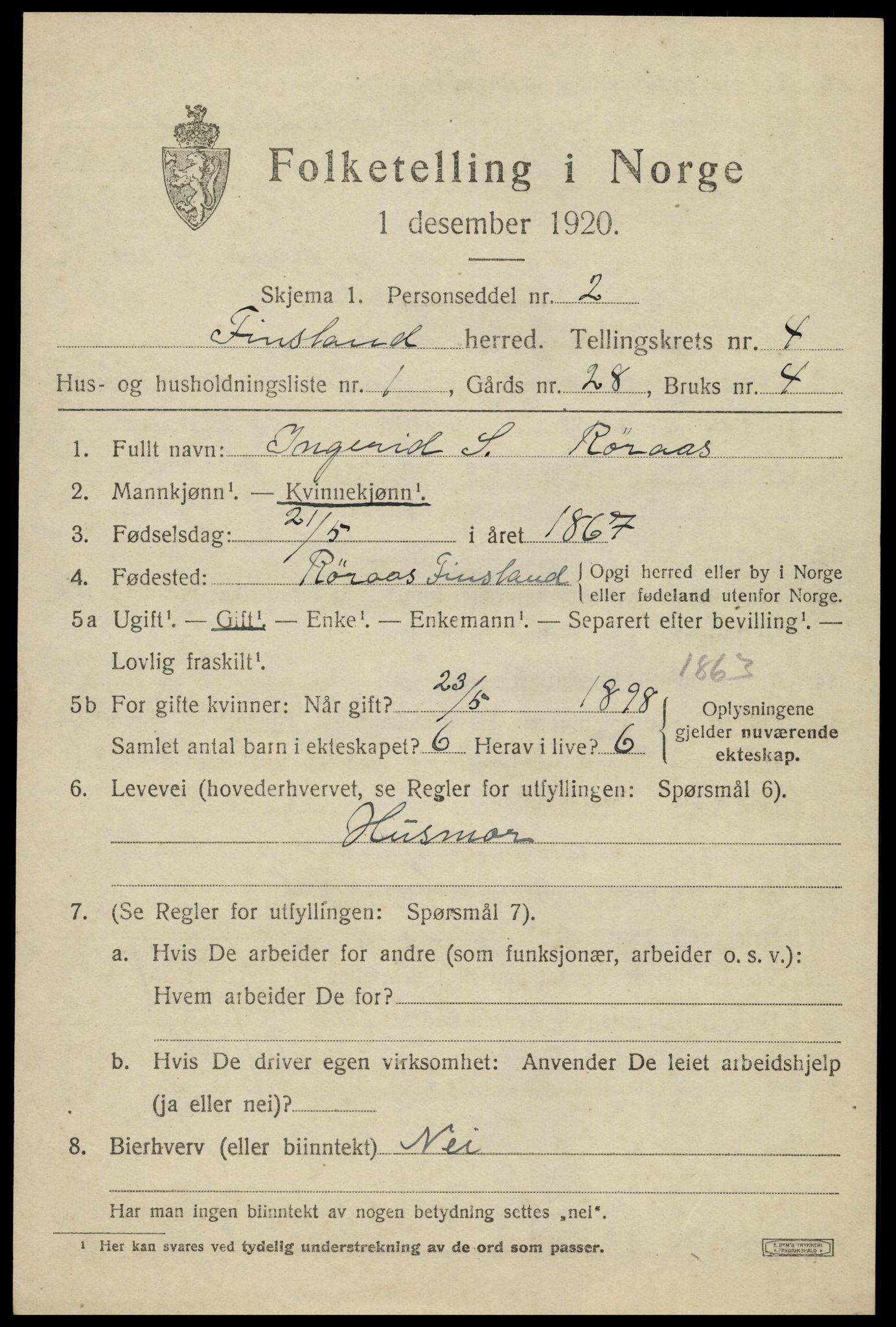 SAK, 1920 census for Finsland, 1920, p. 1604