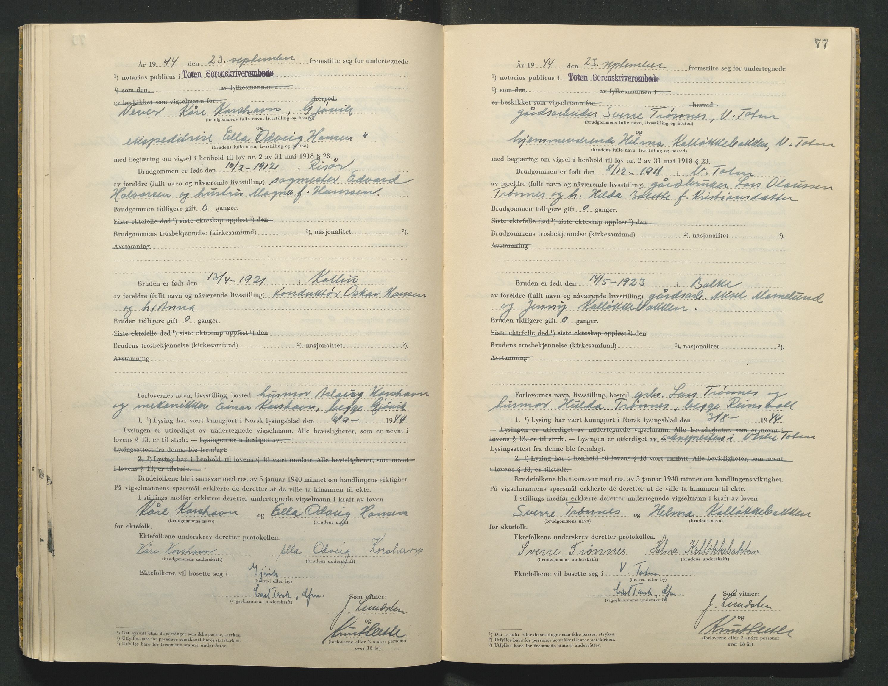 Toten tingrett, AV/SAH-TING-006/L/Lc/L0004: Vigselbok, 1944, p. 77