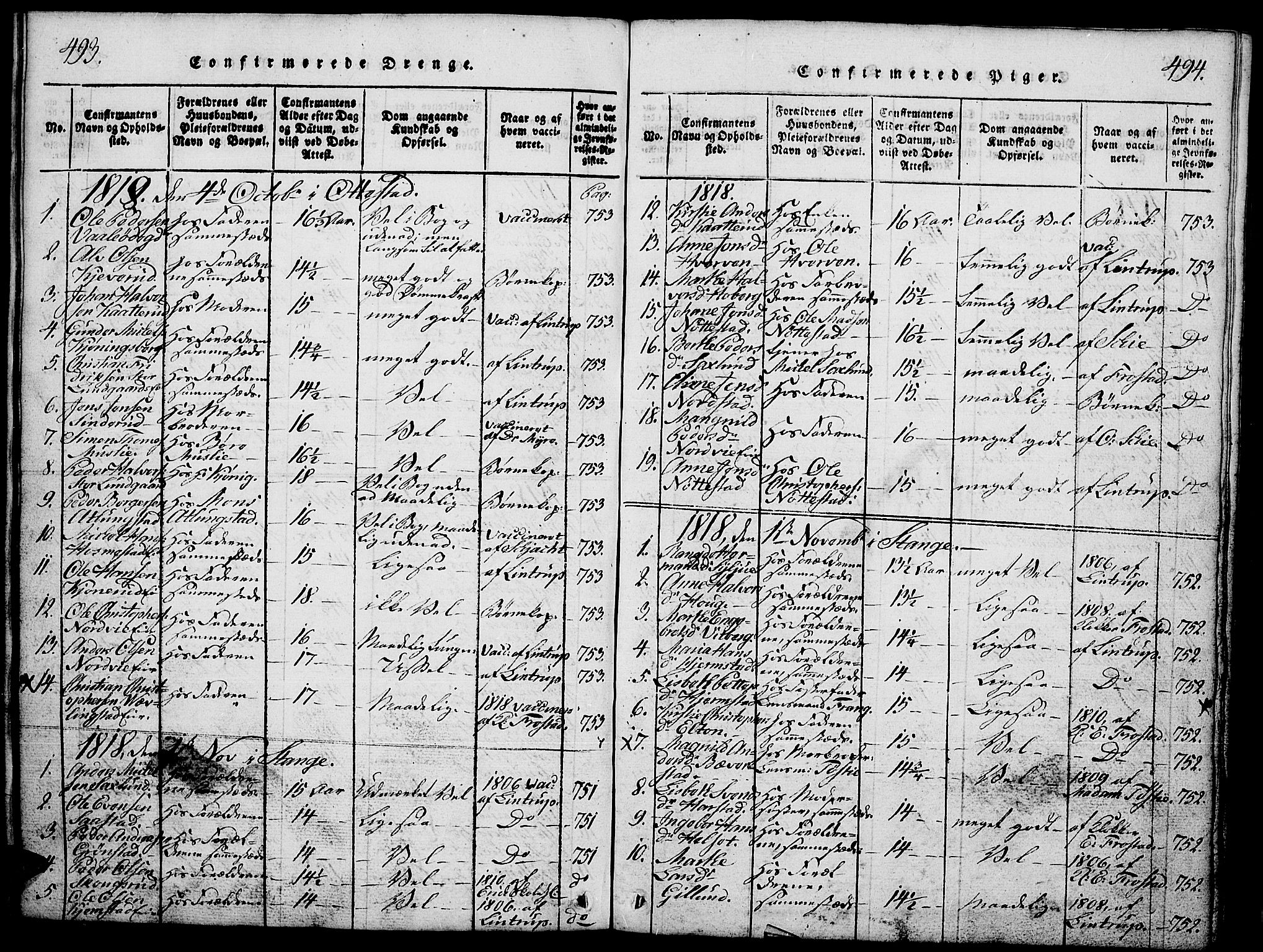 Stange prestekontor, AV/SAH-PREST-002/L/L0001: Parish register (copy) no. 1, 1814-1825, p. 493-494