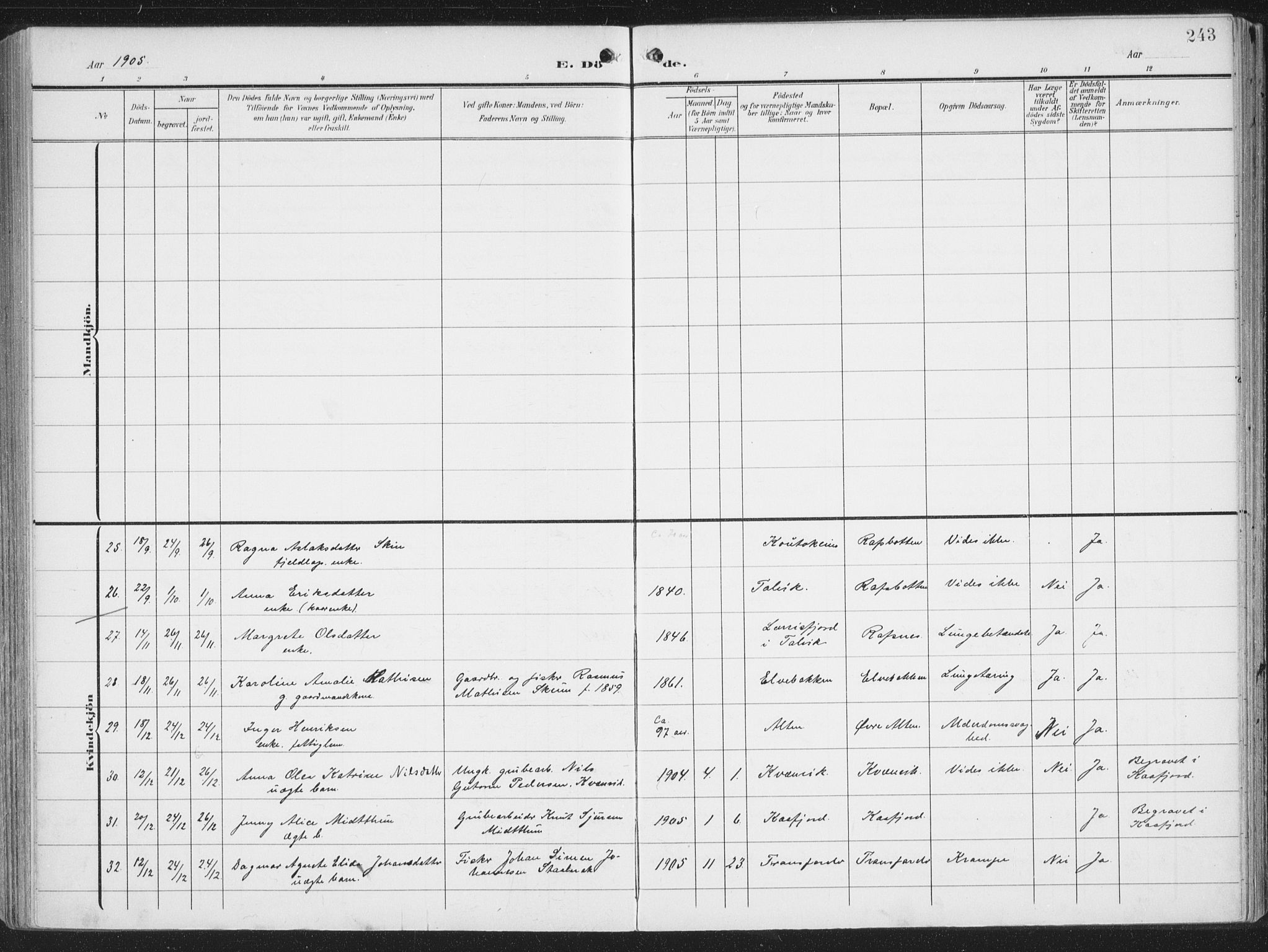 Alta sokneprestkontor, SATØ/S-1338/H/Ha/L0005.kirke: Parish register (official) no. 5, 1904-1918, p. 243