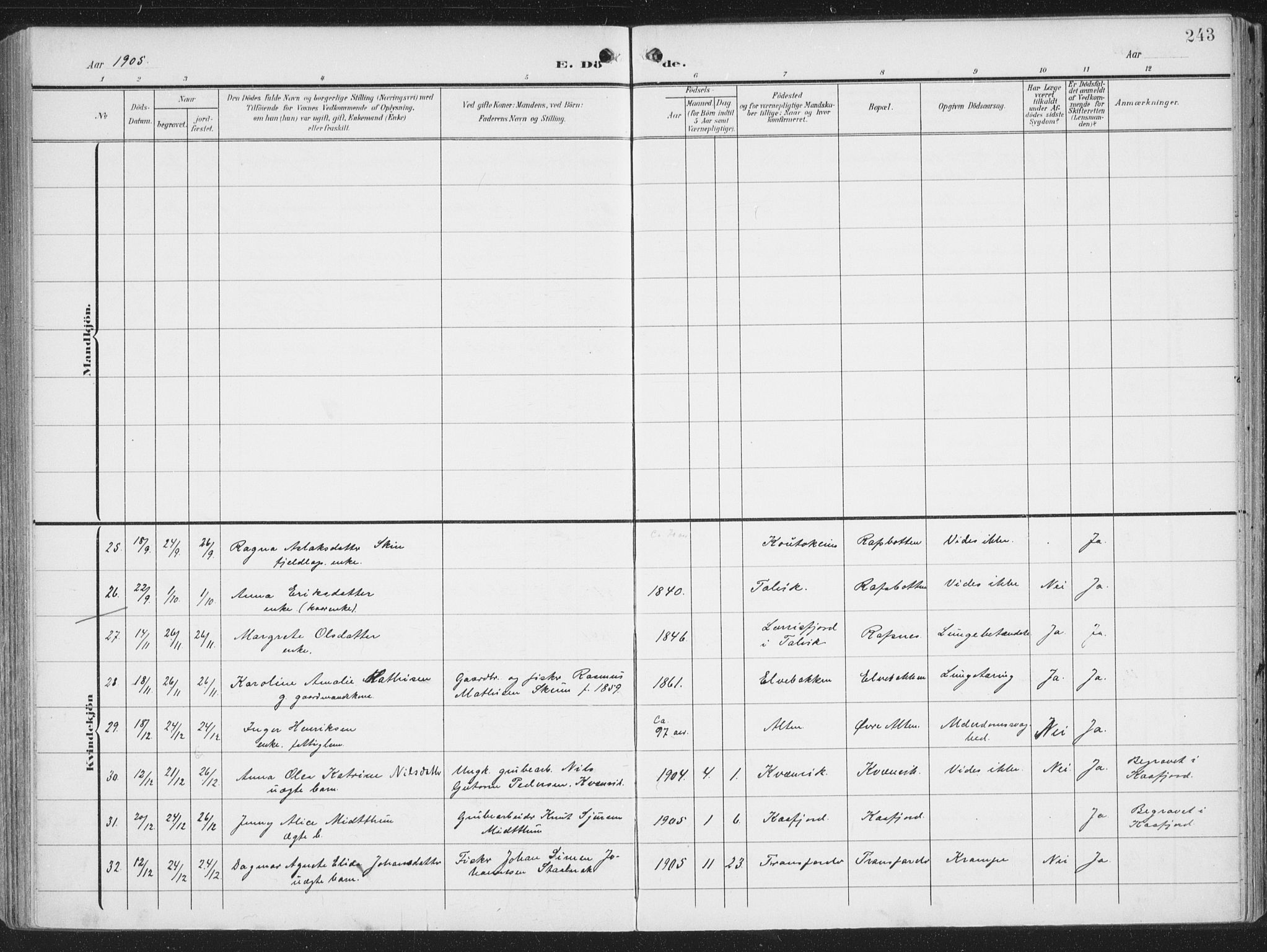 Alta sokneprestkontor, AV/SATØ-S-1338/H/Ha/L0005.kirke: Parish register (official) no. 5, 1904-1918, p. 243