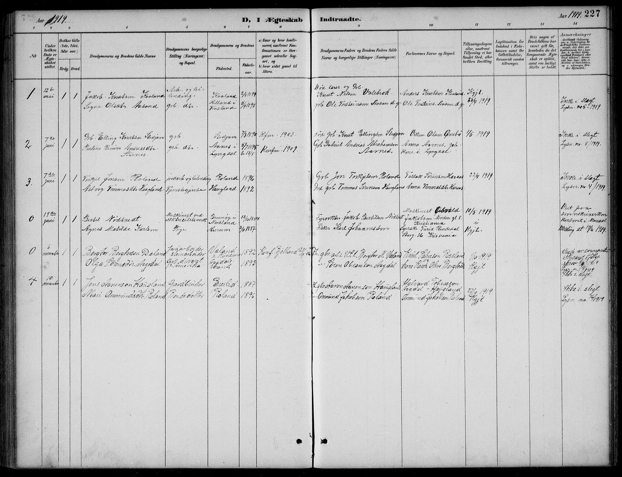 Bjelland sokneprestkontor, SAK/1111-0005/F/Fb/Fba/L0005: Parish register (copy) no. B 5, 1887-1923, p. 227