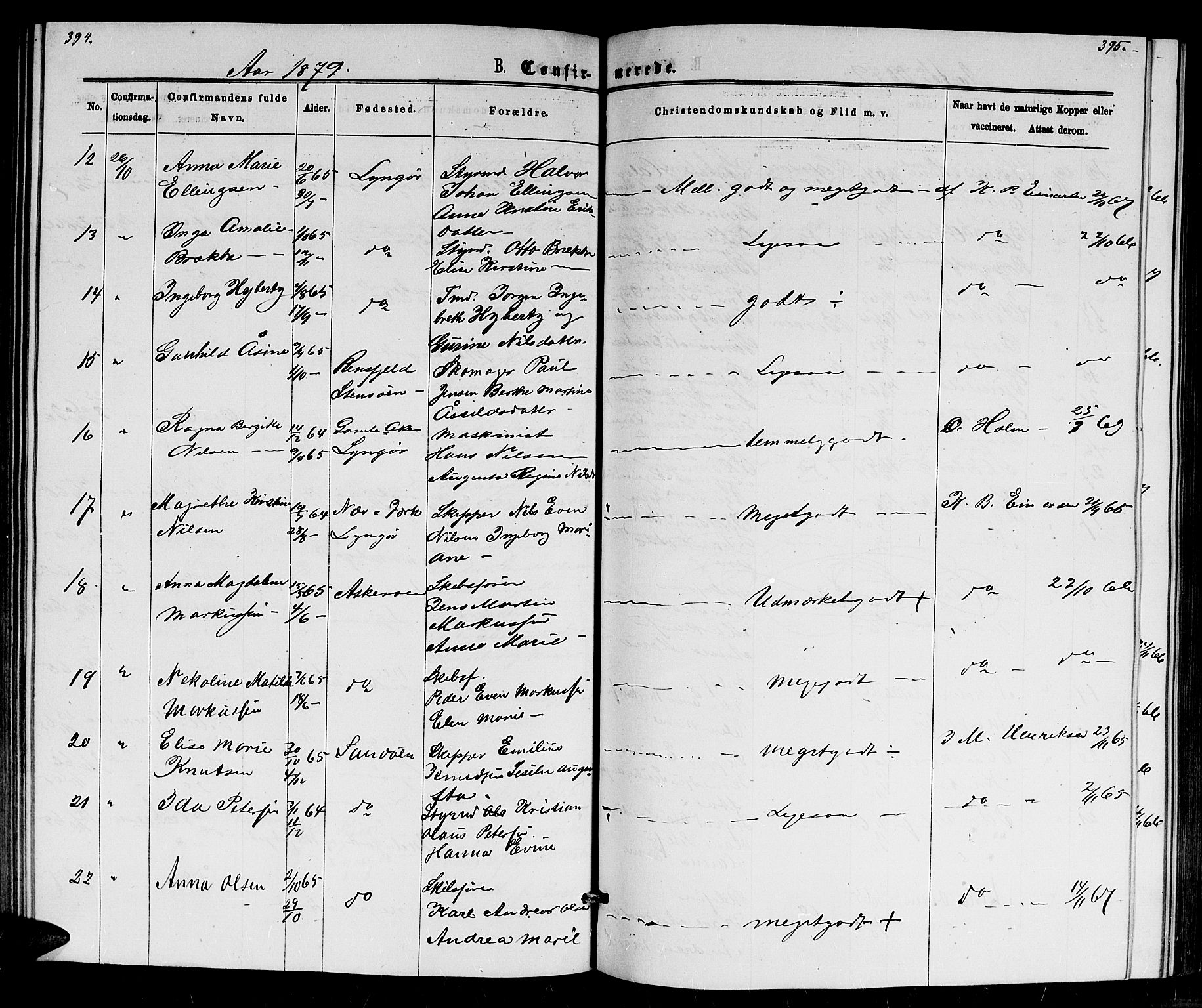 Dypvåg sokneprestkontor, AV/SAK-1111-0007/F/Fb/Fba/L0012: Parish register (copy) no. B 12, 1872-1886, p. 394-395