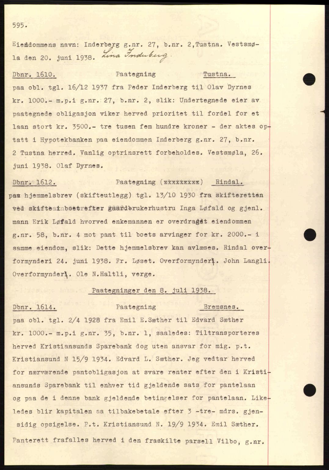 Nordmøre sorenskriveri, AV/SAT-A-4132/1/2/2Ca: Mortgage book no. C80, 1936-1939, Diary no: : 1610/1938