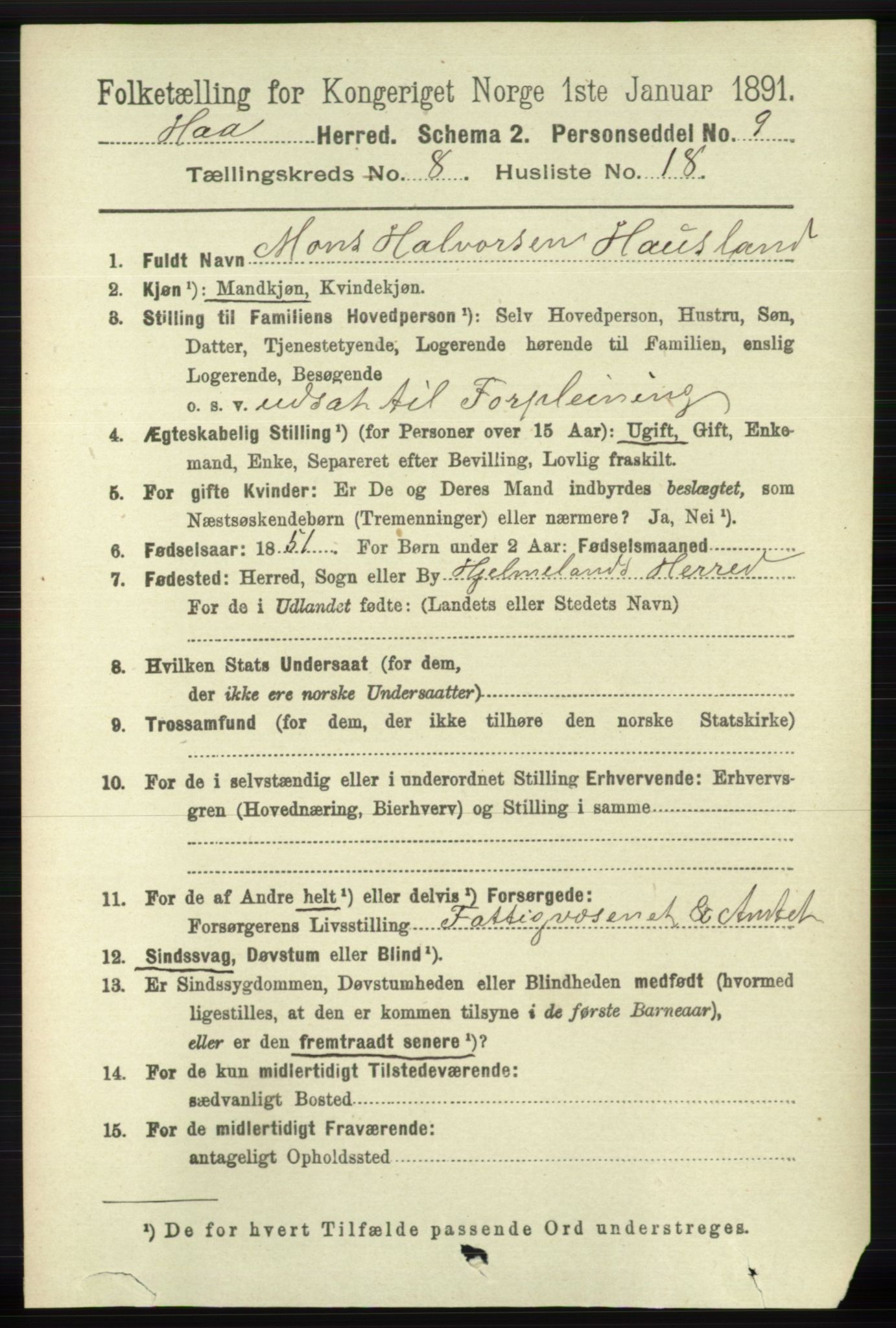 RA, 1891 census for 1119 Hå, 1891, p. 2162