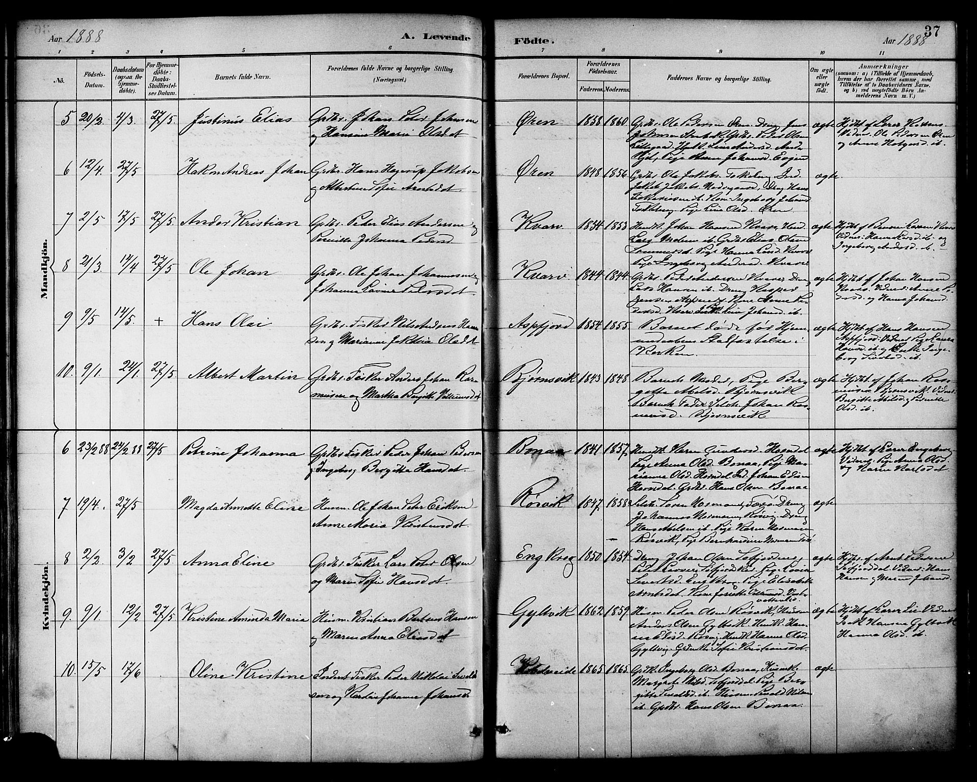 Ministerialprotokoller, klokkerbøker og fødselsregistre - Nordland, AV/SAT-A-1459/854/L0777: Parish register (official) no. 854A01 /1, 1883-1891, p. 37