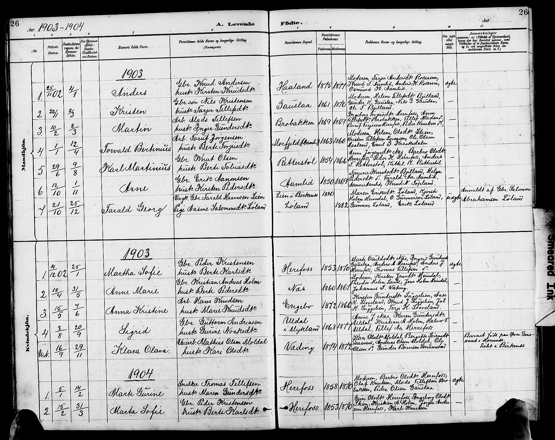 Herefoss sokneprestkontor, AV/SAK-1111-0019/F/Fb/Fba/L0003: Parish register (copy) no. B 3, 1887-1925, p. 26