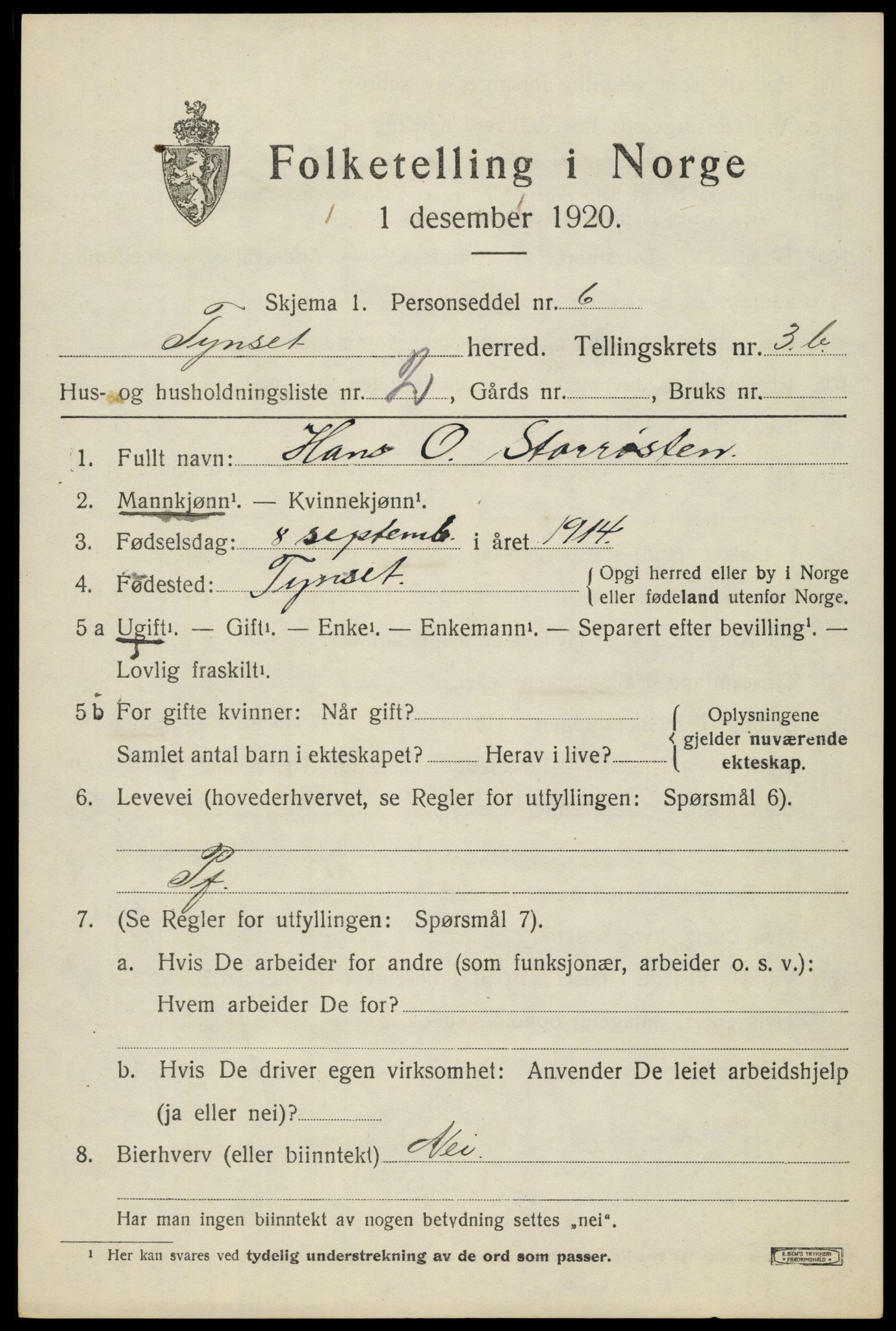 SAH, 1920 census for Tynset, 1920, p. 3158