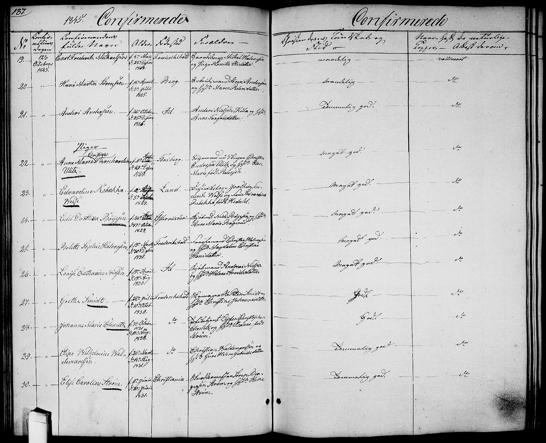 Halden prestekontor Kirkebøker, SAO/A-10909/G/Ga/L0004: Parish register (copy) no. 4, 1845-1854, p. 187