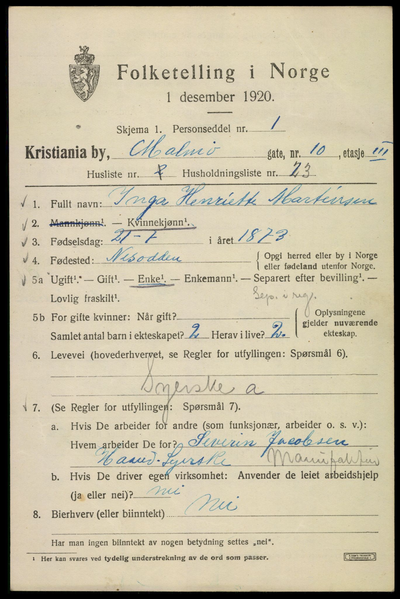 SAO, 1920 census for Kristiania, 1920, p. 373587