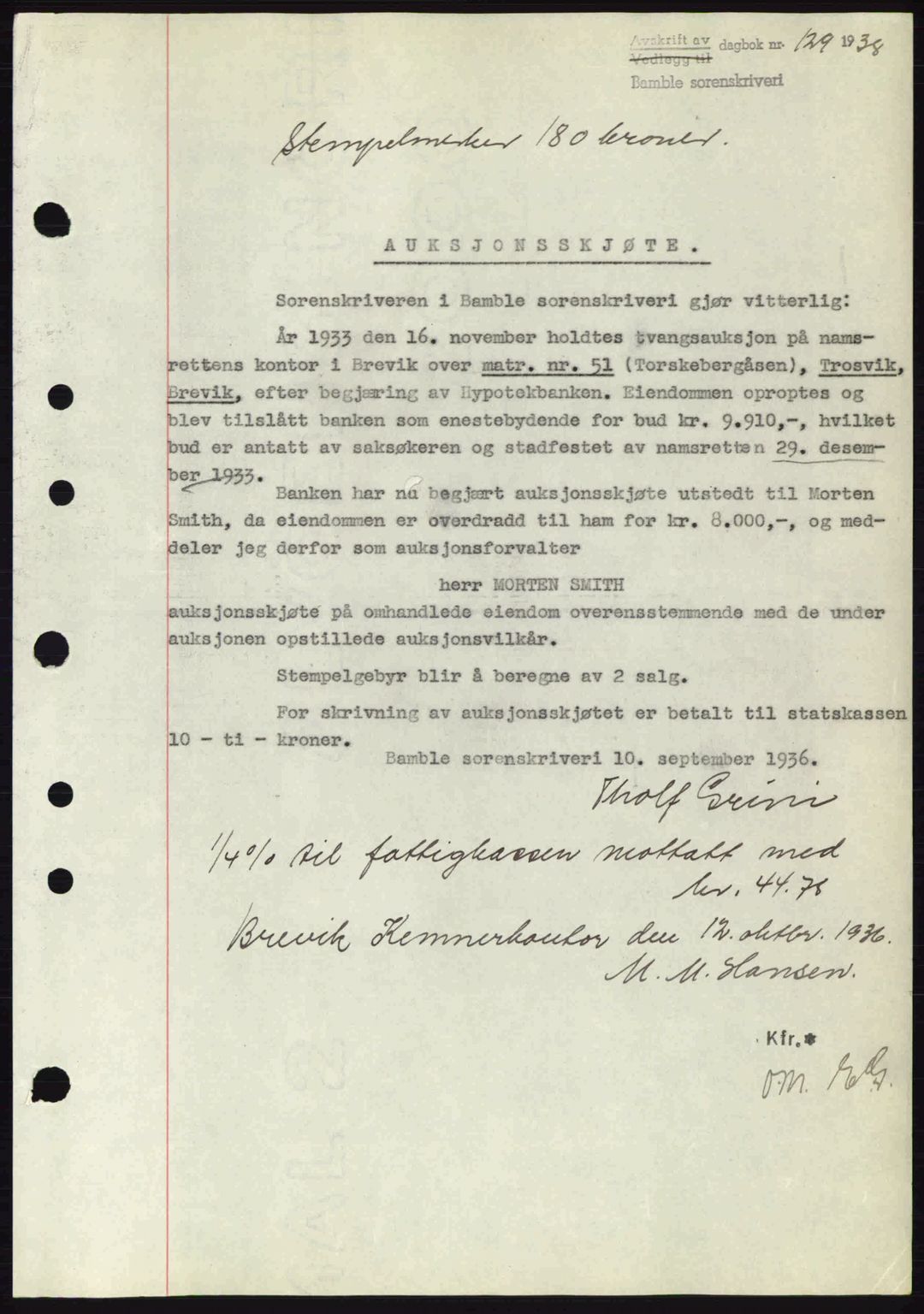 Bamble sorenskriveri, AV/SAKO-A-214/G/Ga/Gag/L0002: Mortgage book no. A-2, 1937-1938, Diary no: : 129/1938