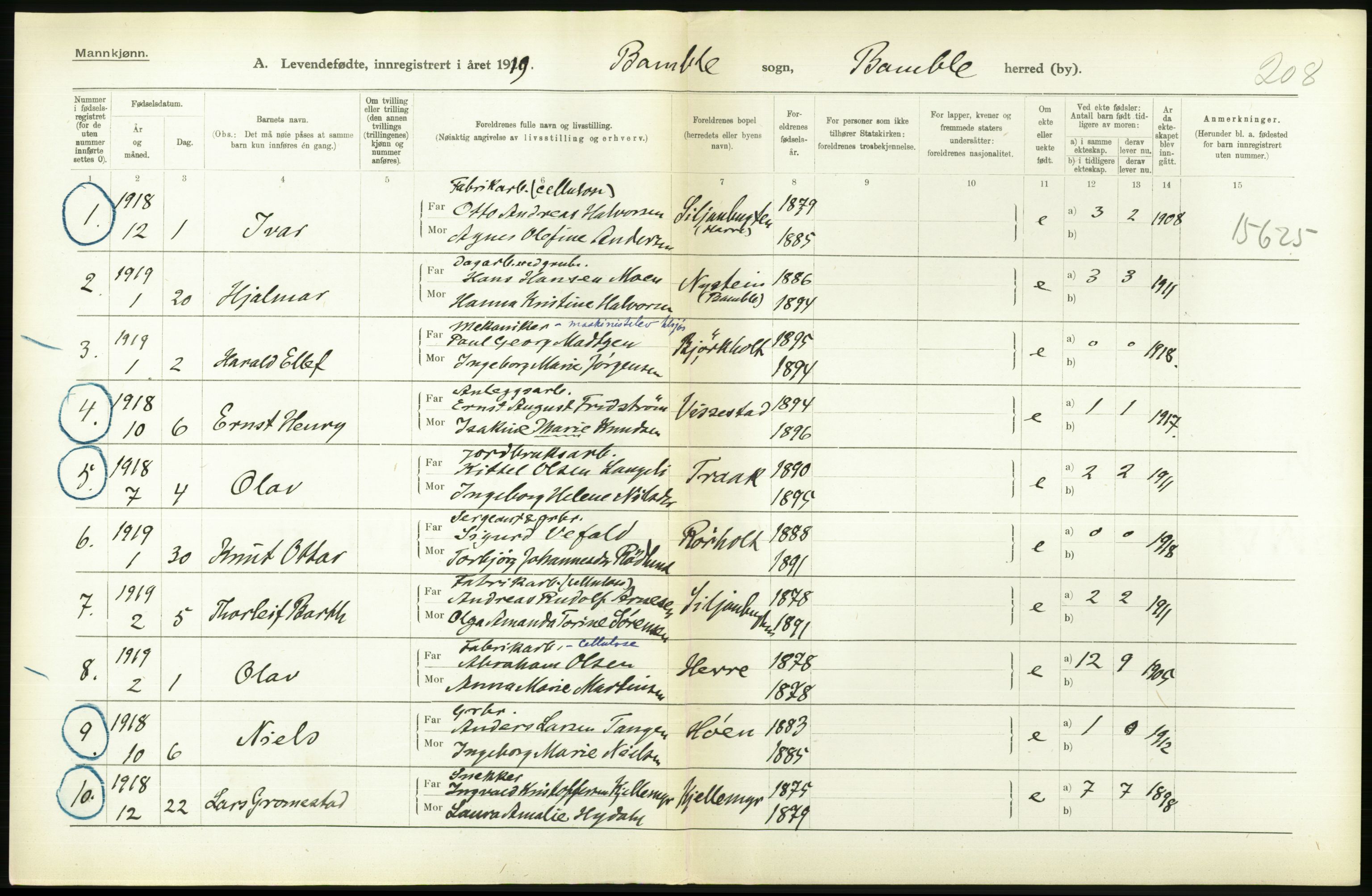 Statistisk sentralbyrå, Sosiodemografiske emner, Befolkning, AV/RA-S-2228/D/Df/Dfb/Dfbi/L0021: Telemark fylke: Levendefødte menn og kvinner. Bygder., 1919, p. 464