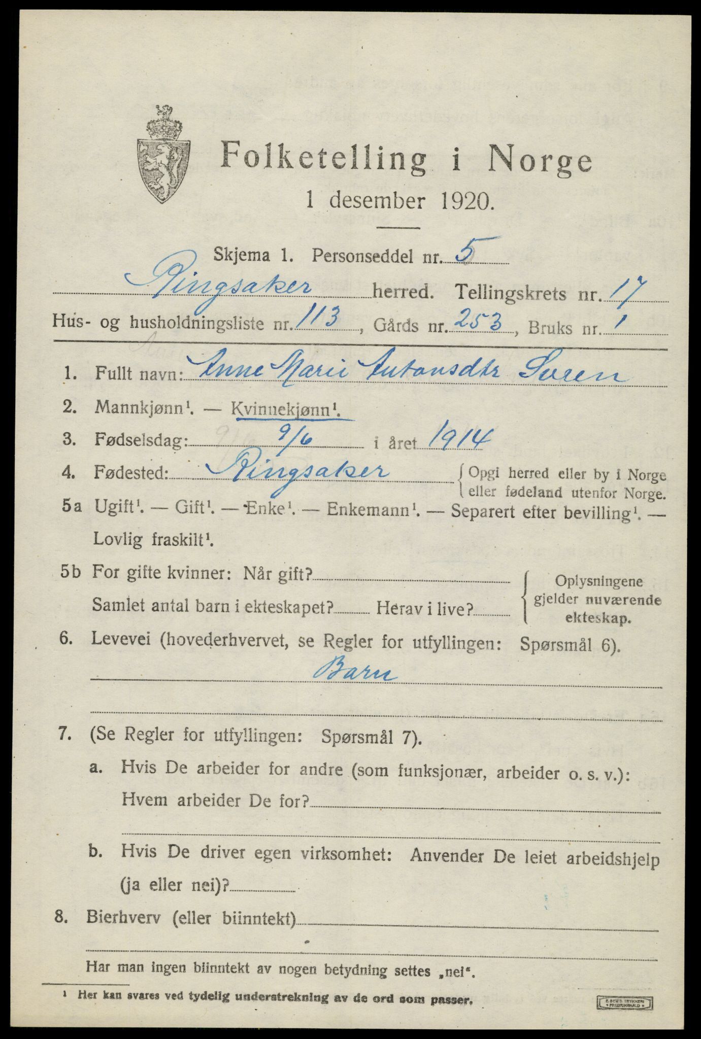 SAH, 1920 census for Ringsaker, 1920, p. 25054