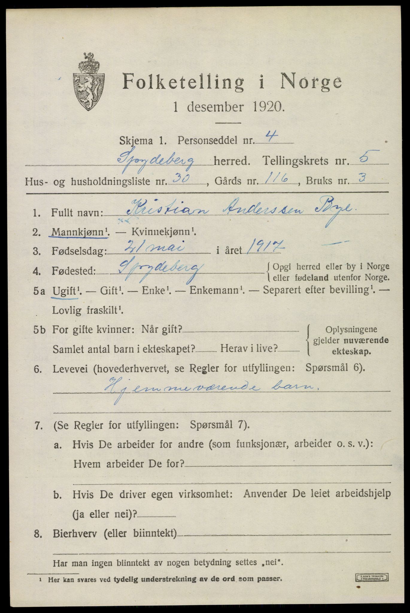 SAO, 1920 census for Spydeberg, 1920, p. 6475