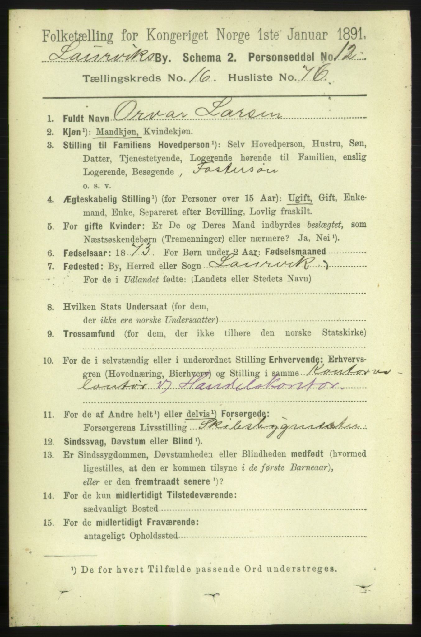 RA, 1891 census for 0707 Larvik, 1891, p. 12327