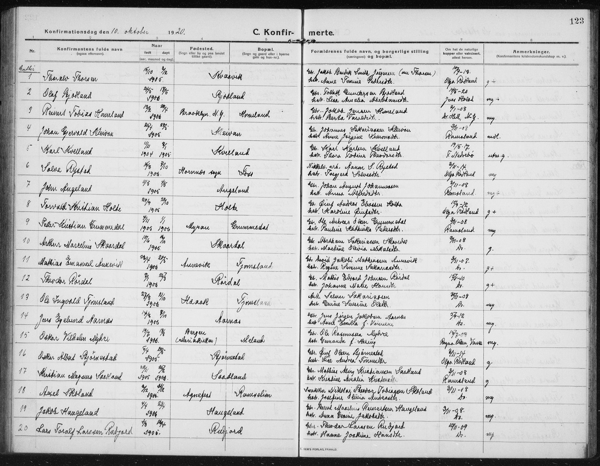 Lyngdal sokneprestkontor, AV/SAK-1111-0029/F/Fb/Fbc/L0006: Parish register (copy) no. B 6, 1914-1934, p. 123